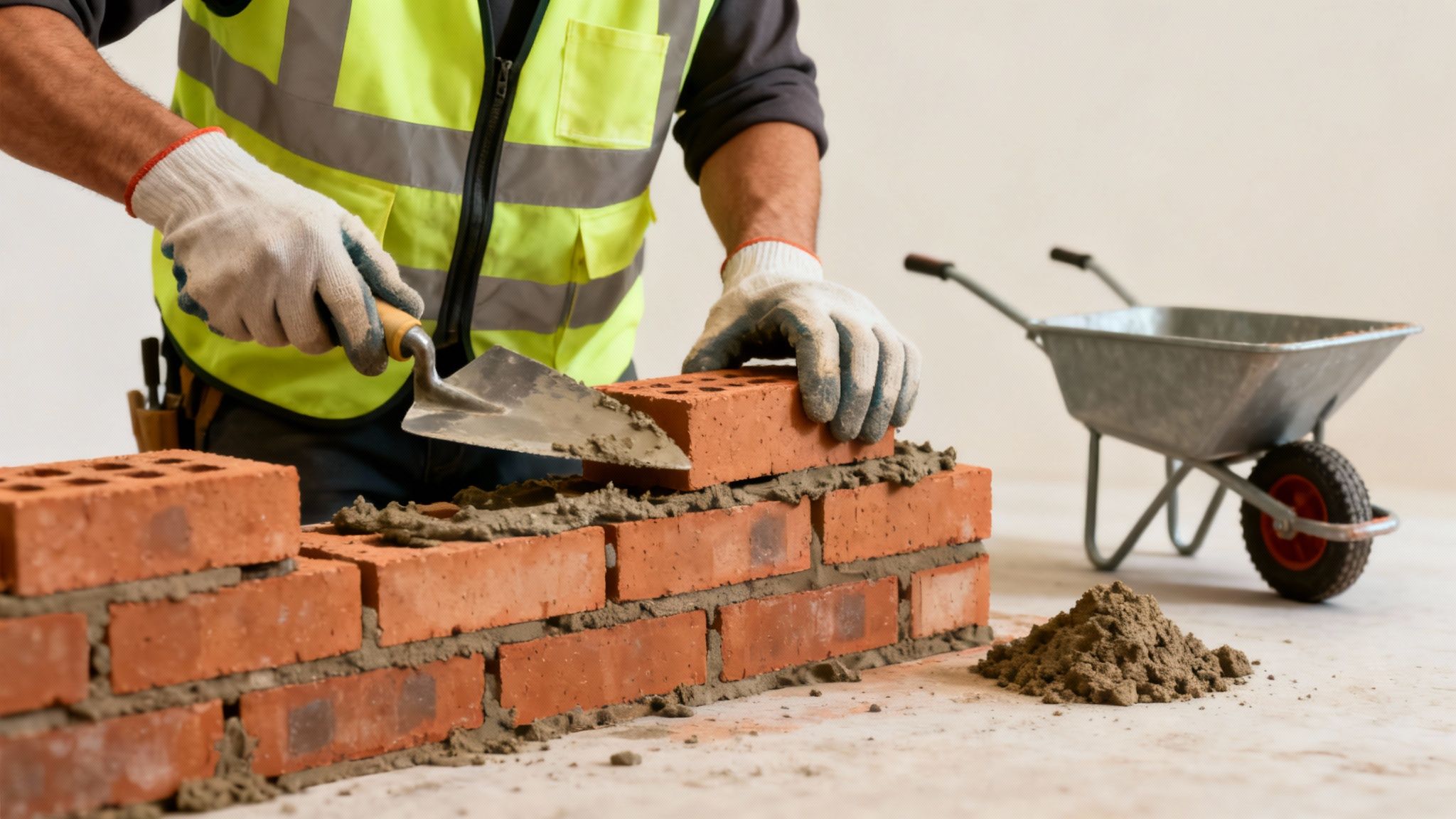 A construction worker in a high-visibility vest and gloves lays bricks with a trowel.