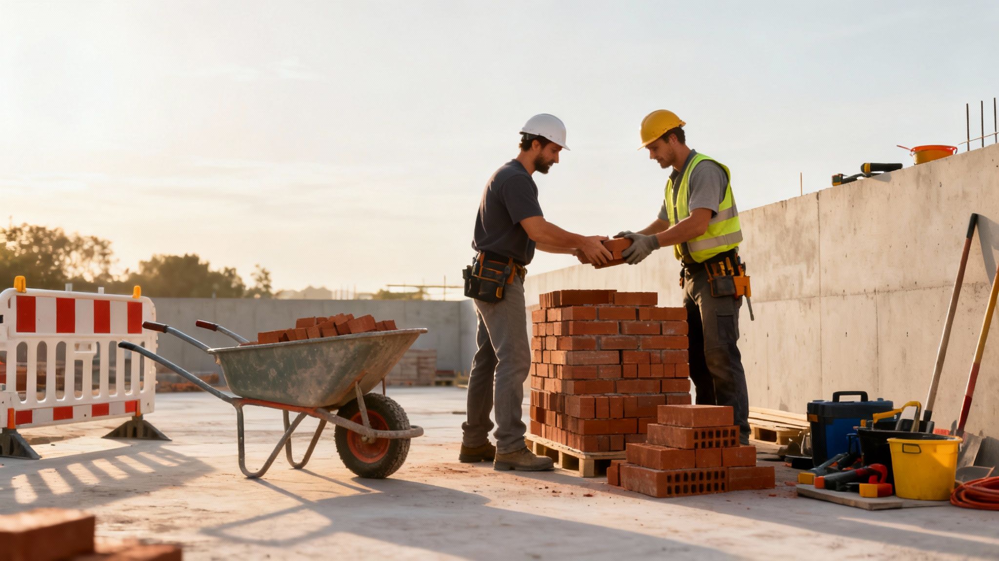 Two construction labourers in hard hats are building a brick wall on a construction site.