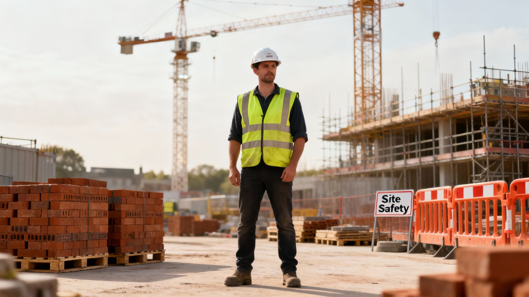 A construction worker in a hard hat and safety vest stands on a busy construction site with cranes.