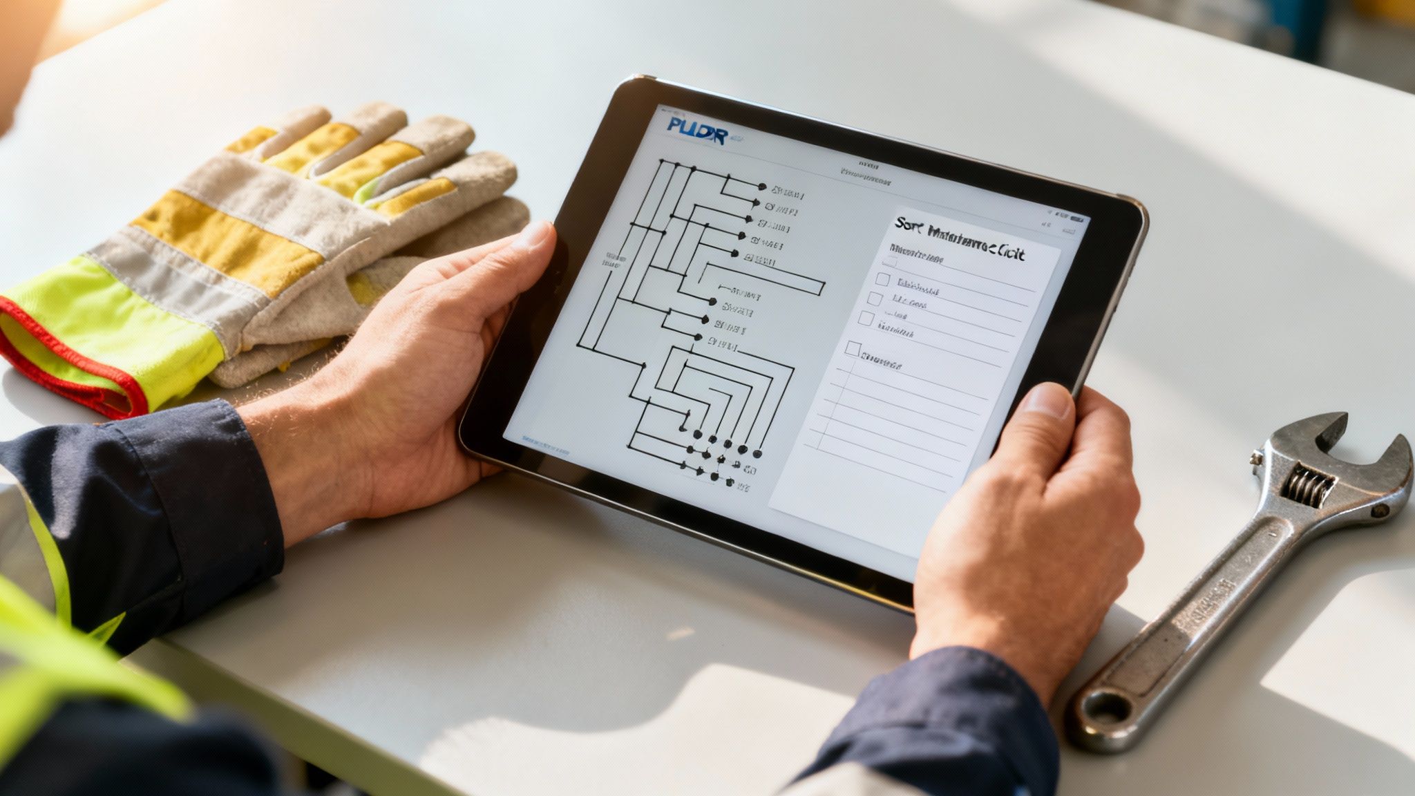 A maintenance engineer holds a tablet displaying a circuit diagram and a checklist, with work gloves and a wrench nearby.