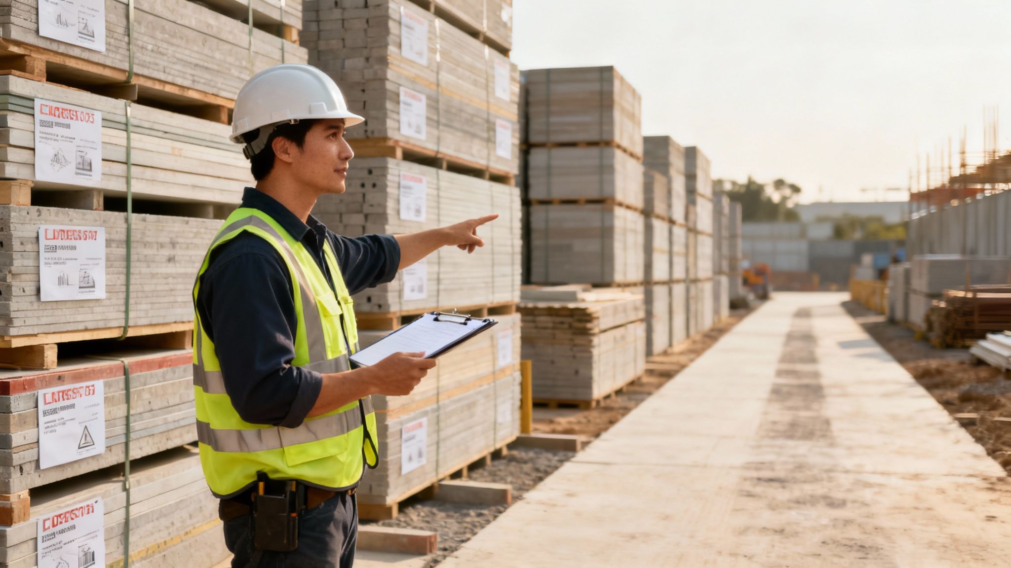 A construction worker in a hard hat and safety vest inspects materials at a worksite, pointing forward.