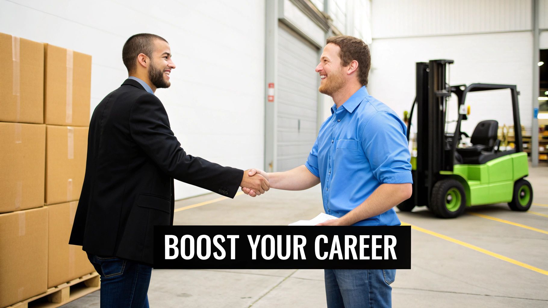 A forklift operator safely navigating a well-organised warehouse environment