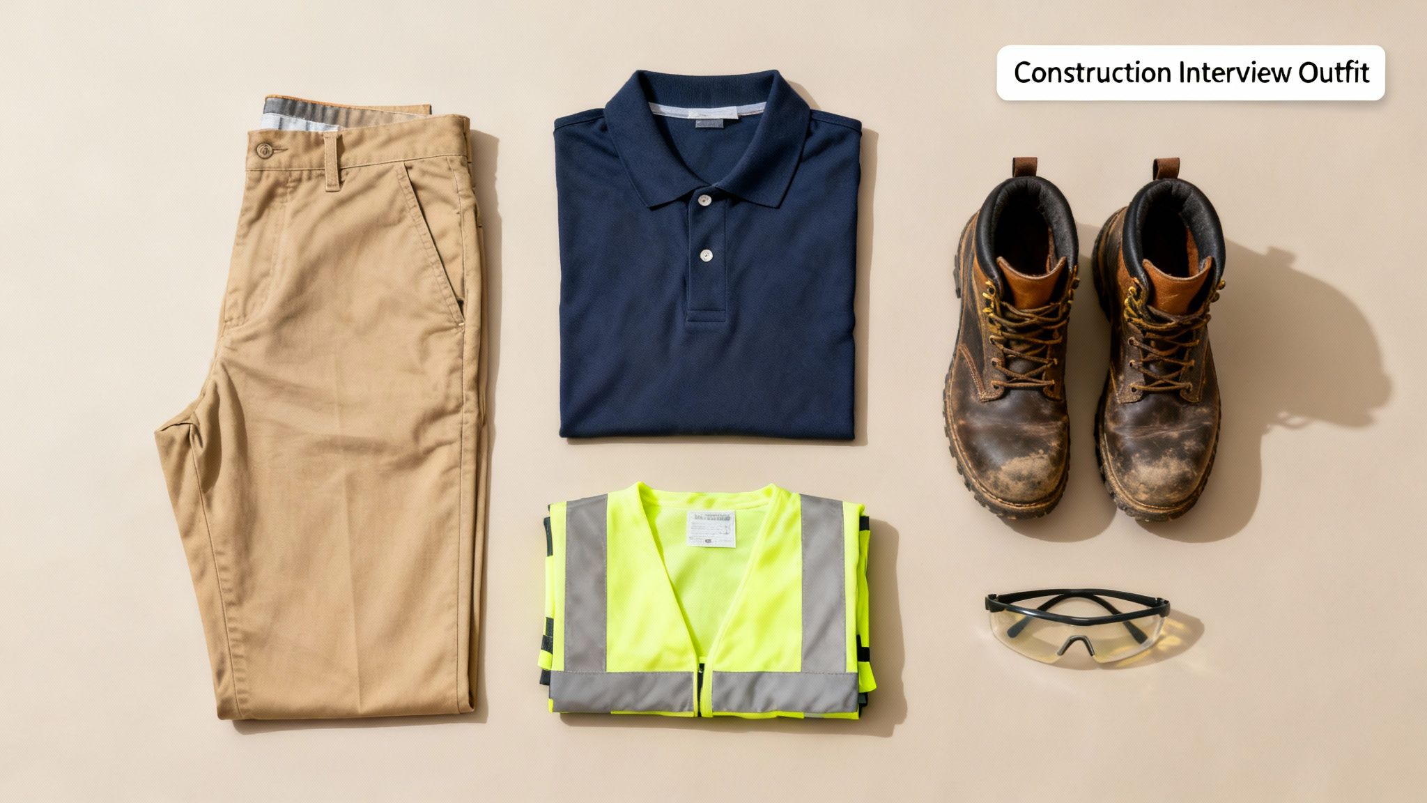Flat lay of a construction interview outfit featuring khaki pants, a navy polo shirt, work boots, a safety vest, and glasses.