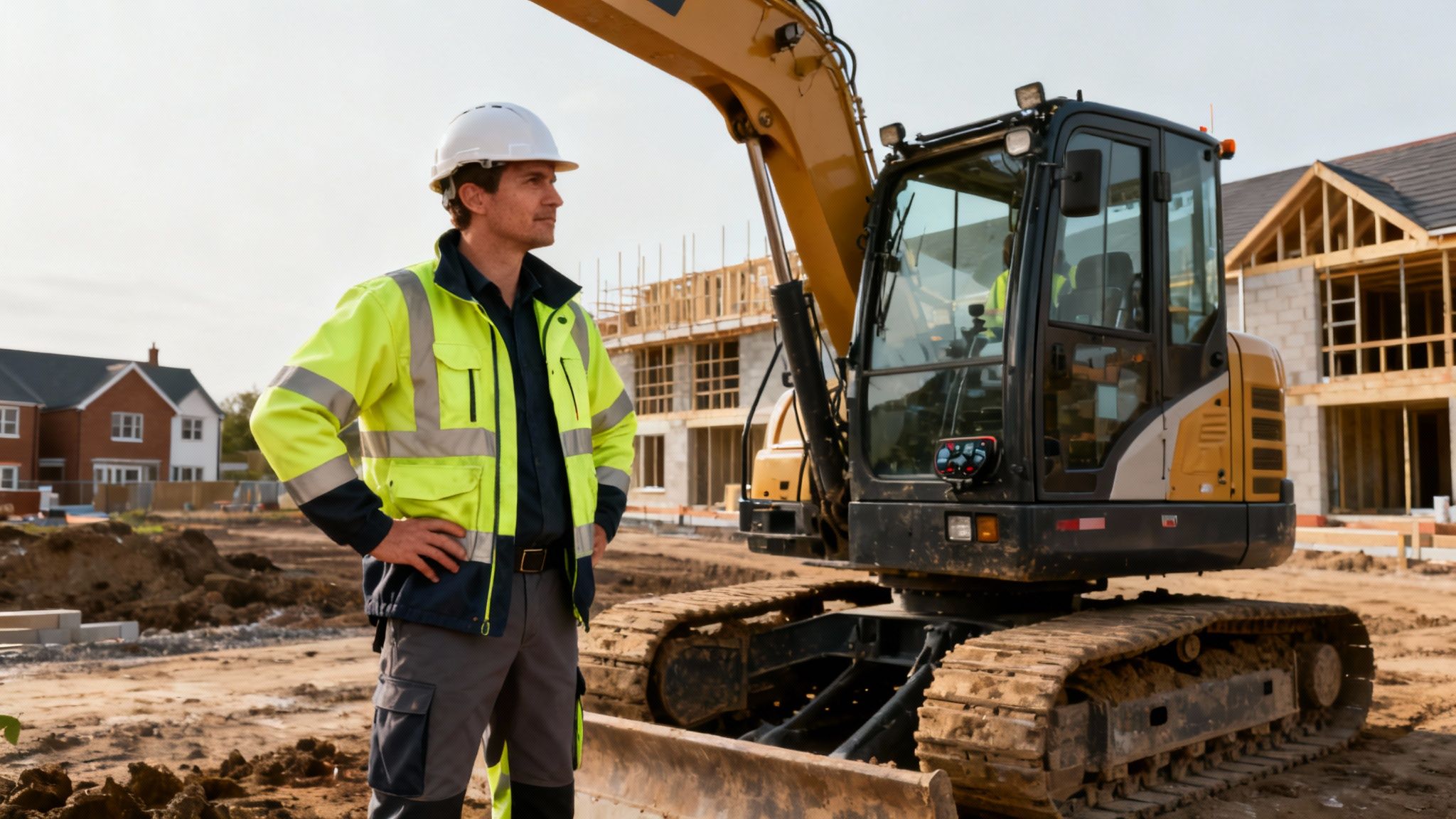 A proud construction worker in a hard hat and high-vis jacket stands beside a yellow excavator at a building site.