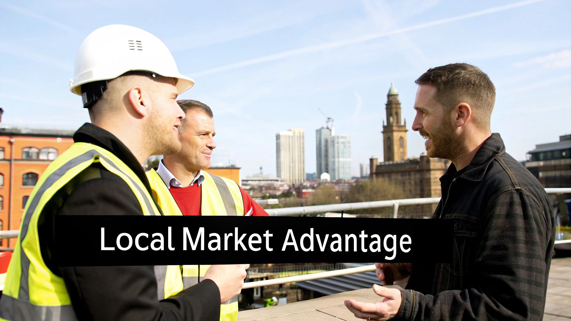 Two construction professionals in high-vis vests reviewing plans on a tablet at a Manchester building site, with the city&#39;s modern architecture visible in the background.