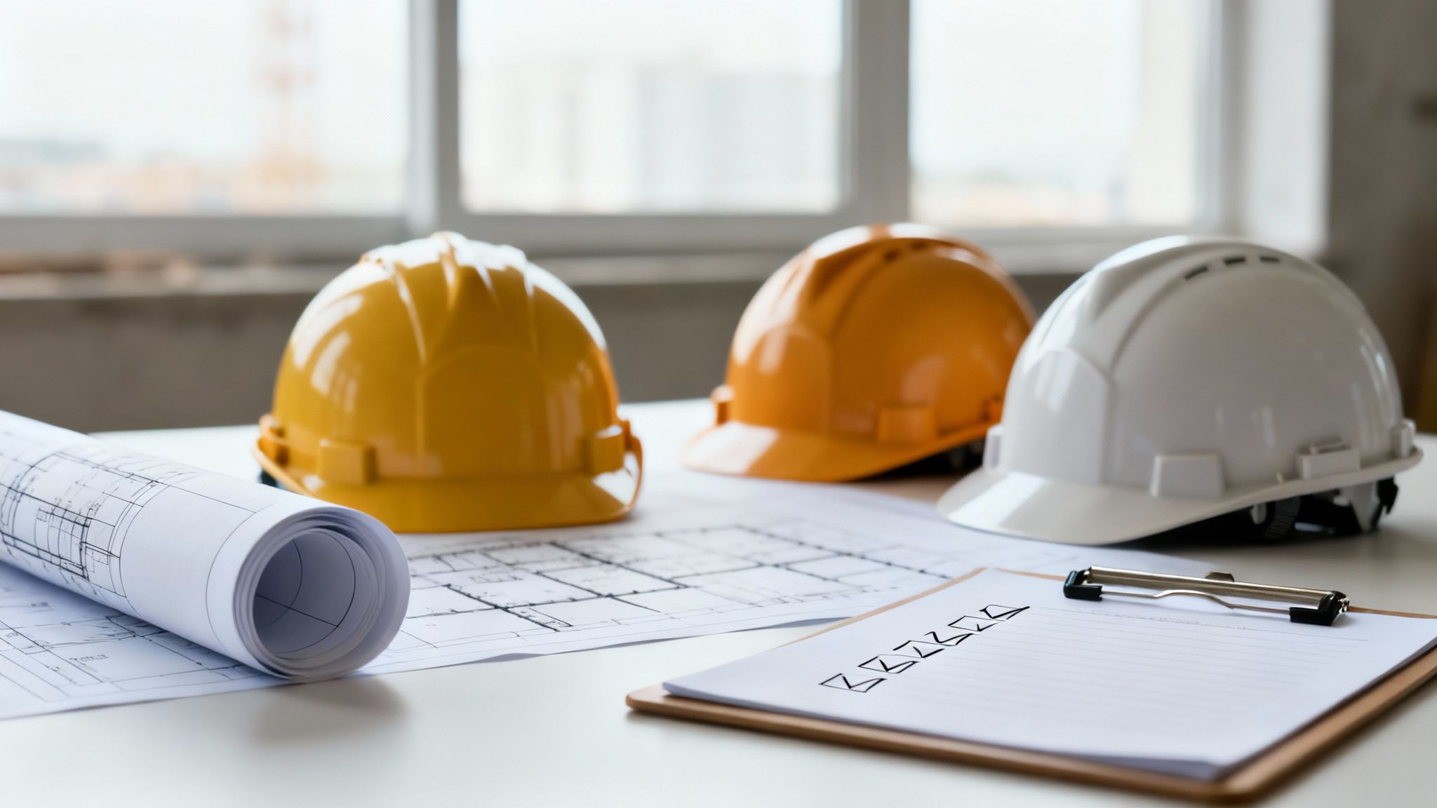 Three construction safety helmets, blueprints, and a checklist on a table at a construction site.