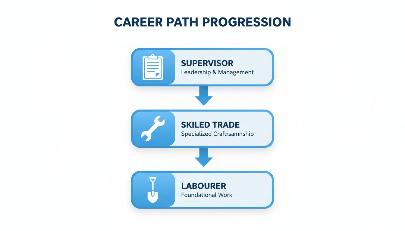 A career path progression flowchart showing supervisor, skilled trade, and labourer roles with icons.
