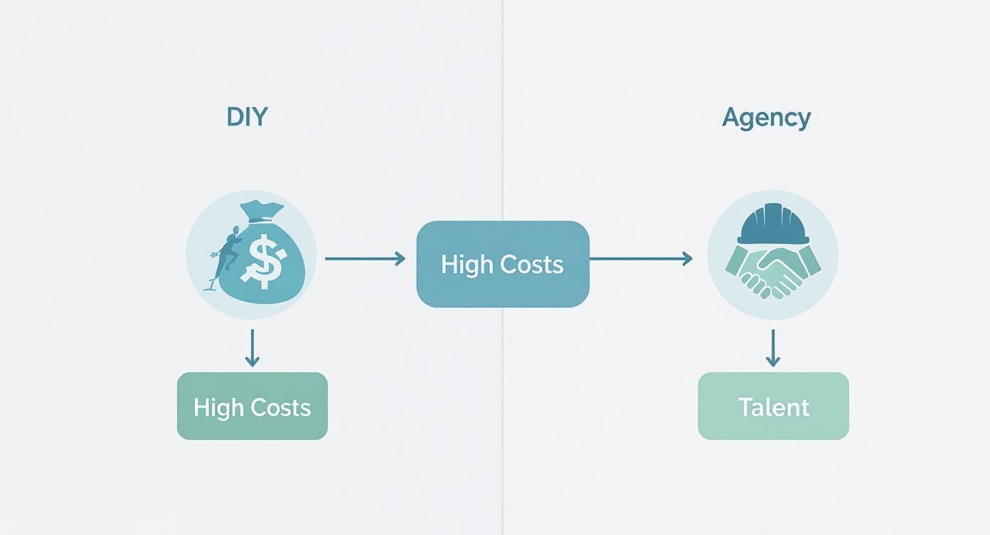 Infographic comparing the DIY recruitment path leading to high costs versus the agency path leading to a qualified talent.