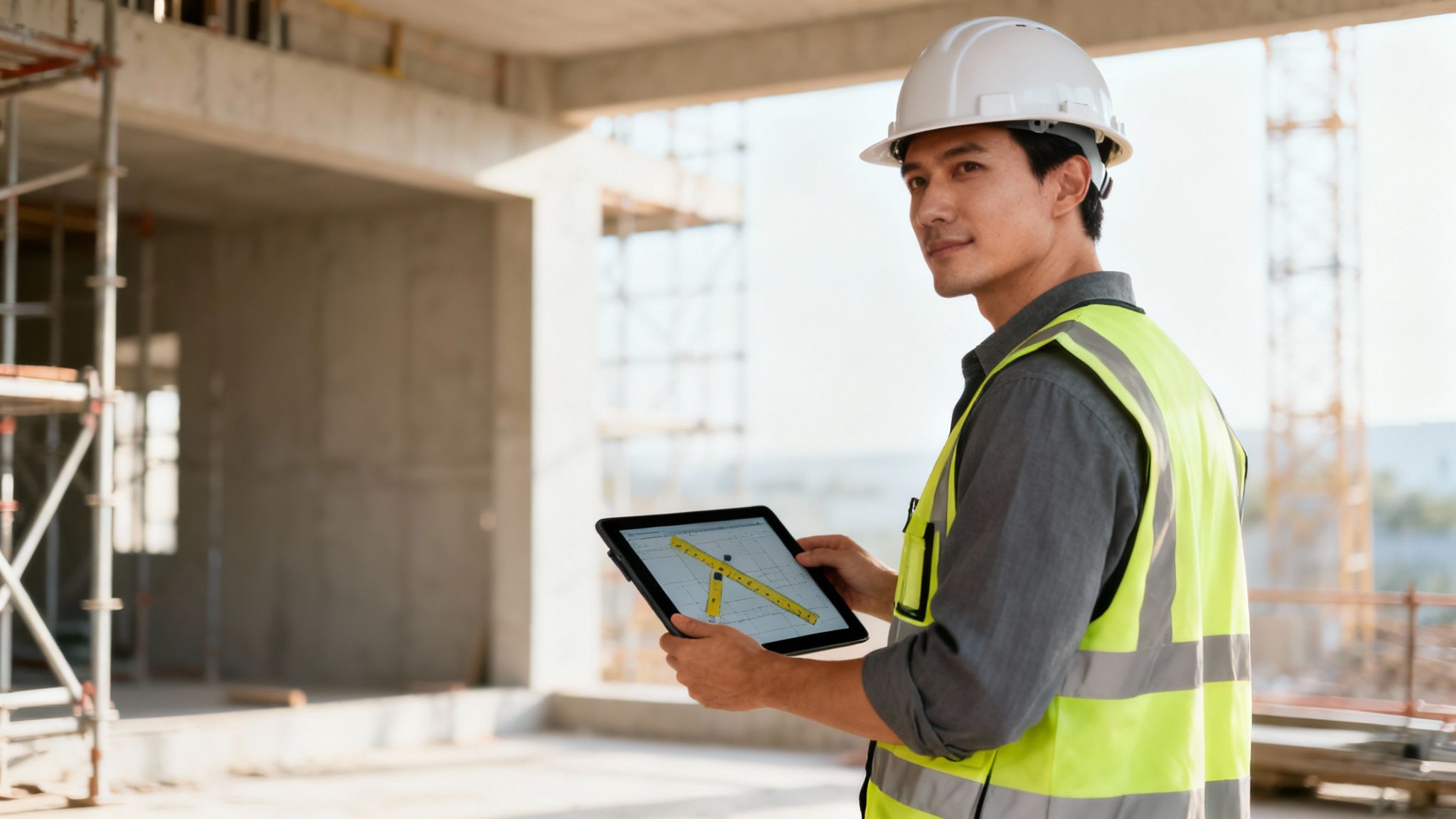 A male construction engineer in a hard hat and vest reviews plans on a tablet at a building site.