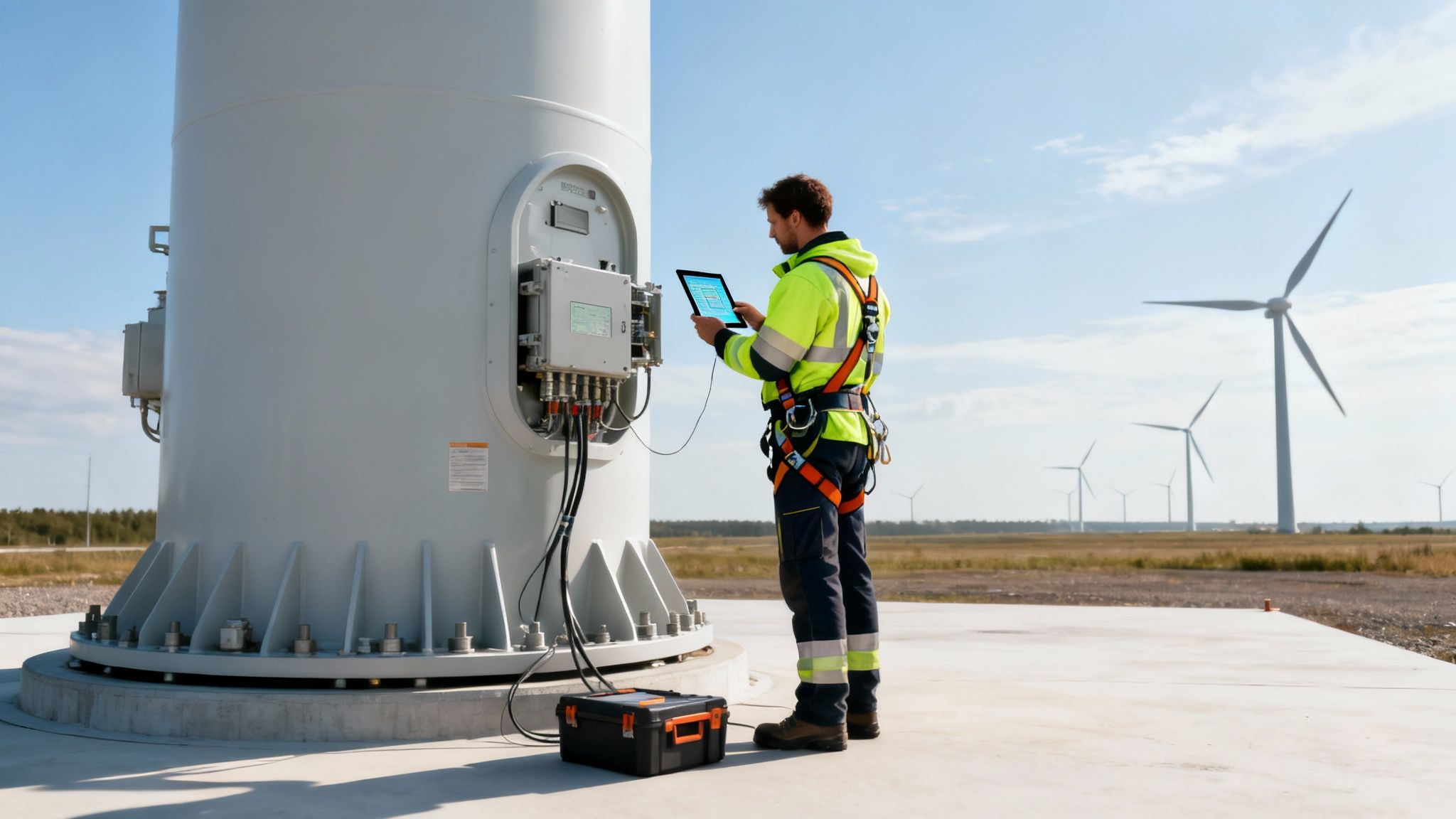 A man in safety gear inspecting a wind turbine with a tablet in a field.