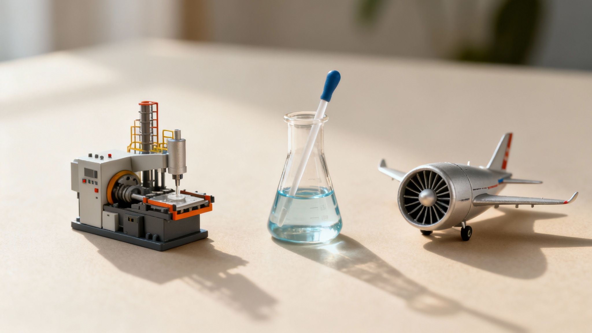 Miniature models of an industrial machine, a chemical flask, and an airplane on a beige surface.