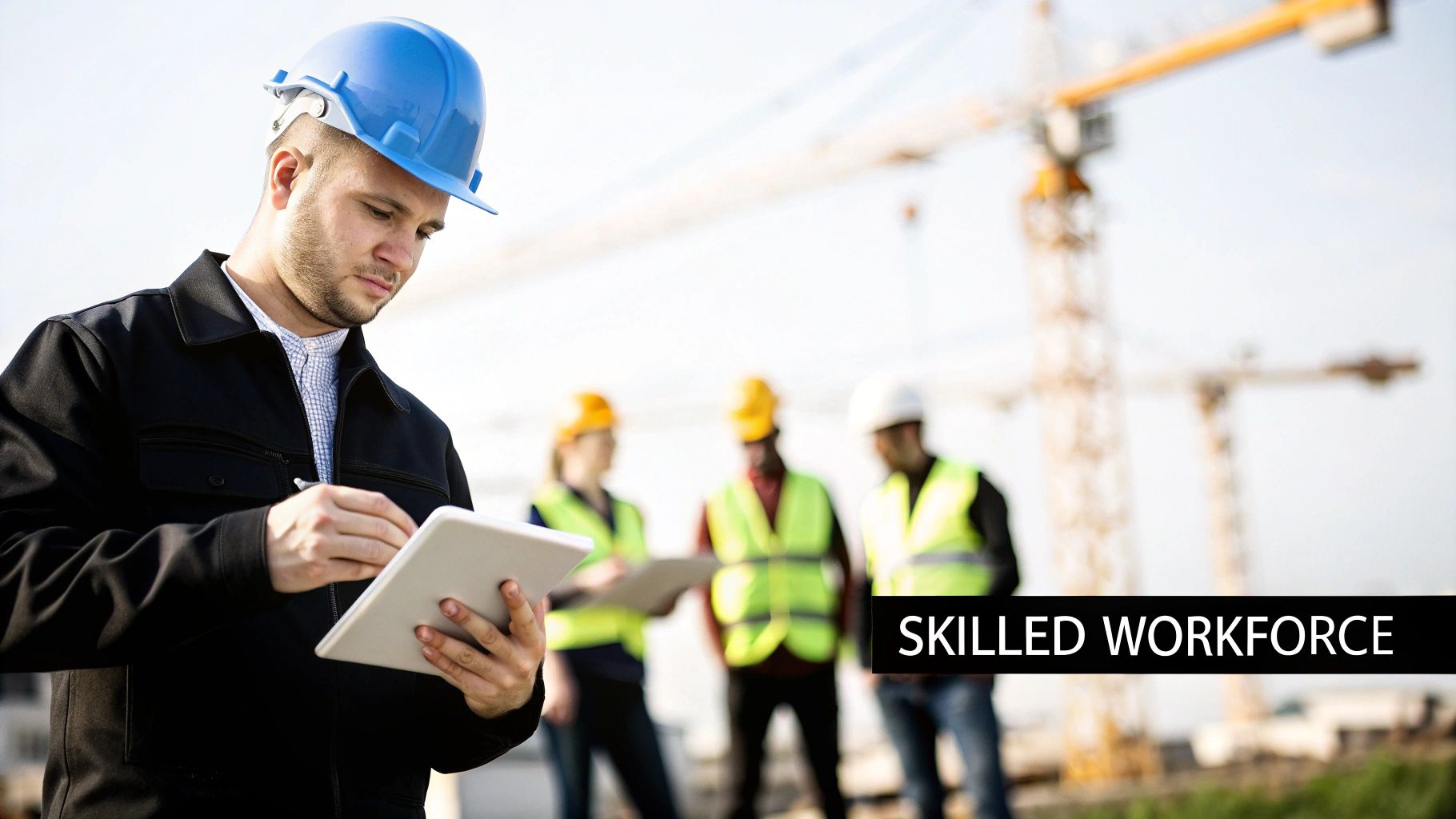 Construction workers collaborating on a building site.
