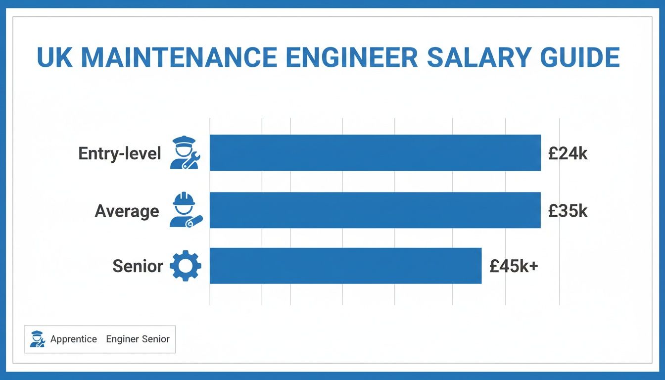 Bar chart illustrating UK Maintenance Engineer salaries: Entry-level at £24k, Average at £35k, and Senior at £45k+.