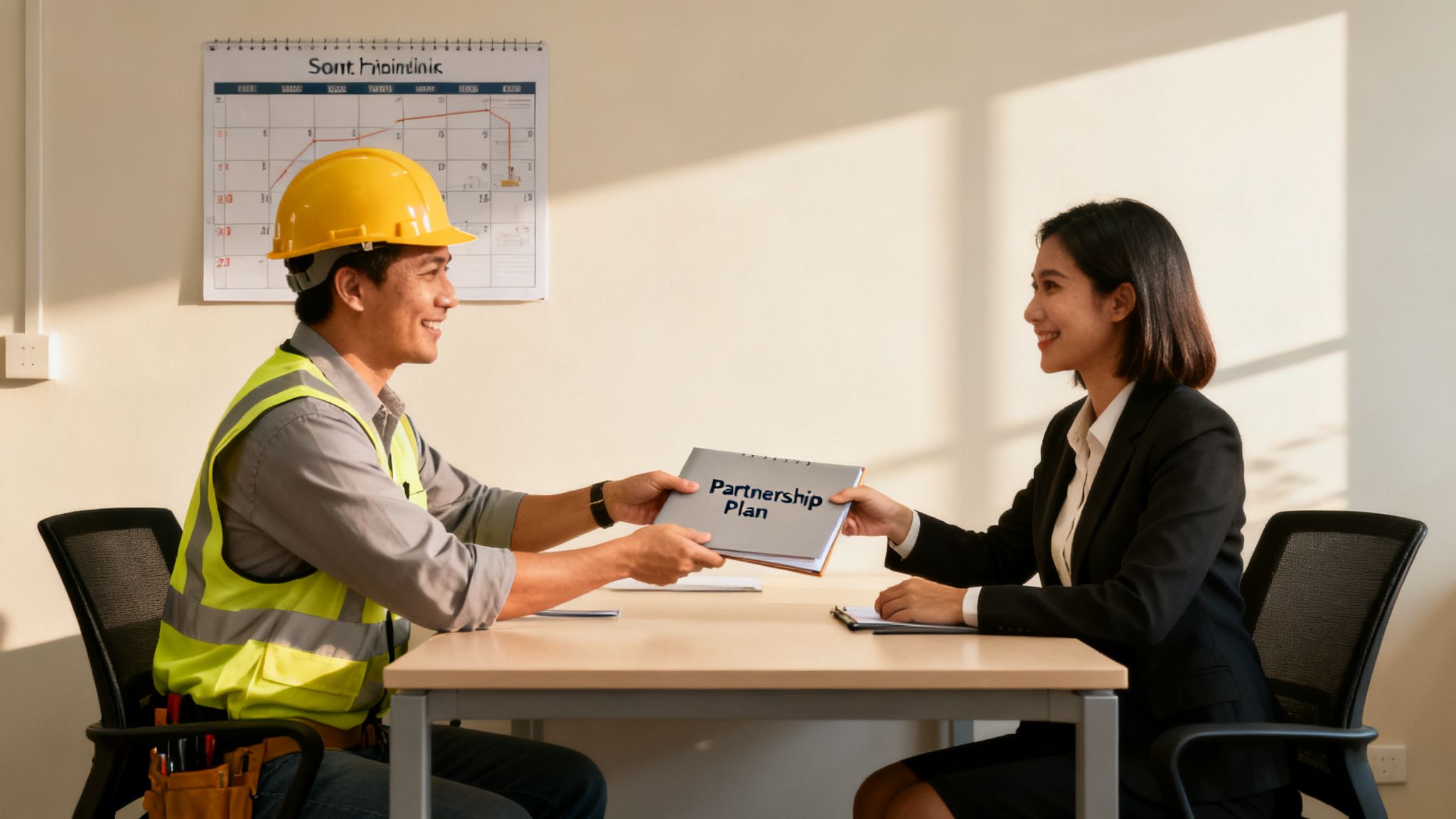 A construction worker and a businesswoman exchange a 'Partnership Plan' document in an office.