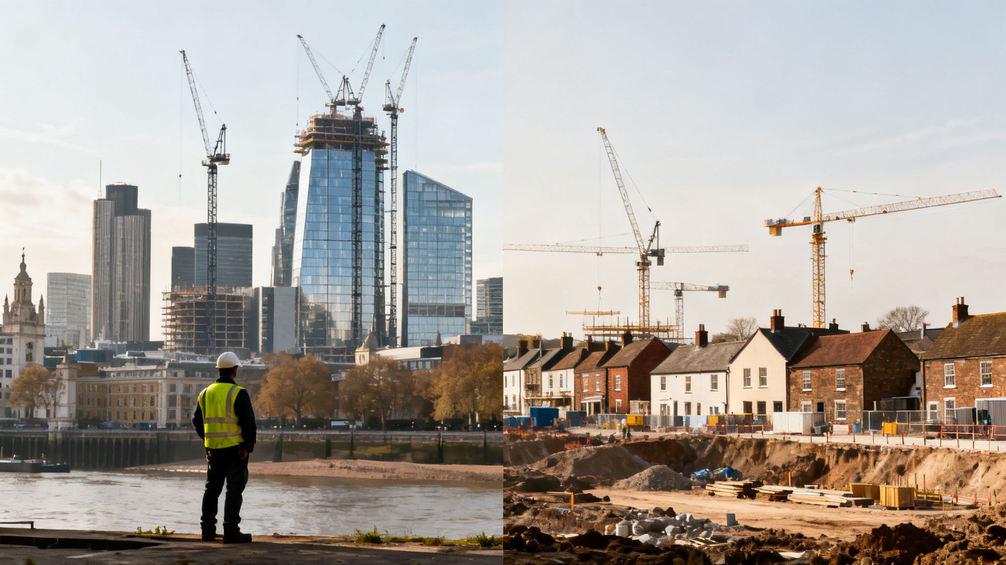 Construction worker overlooks a city skyline with skyscrapers and cranes, contrasting with a residential building site.