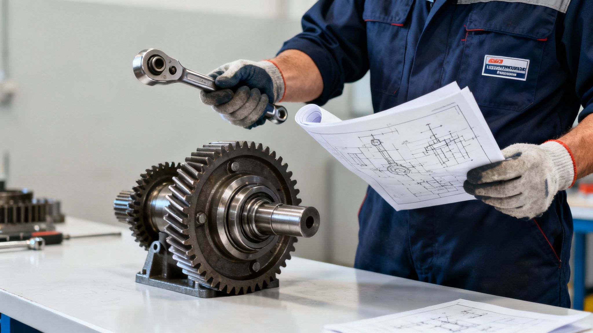 A gloved mechanic in blue overalls holds a wrench and blueprints next to a gear assembly.