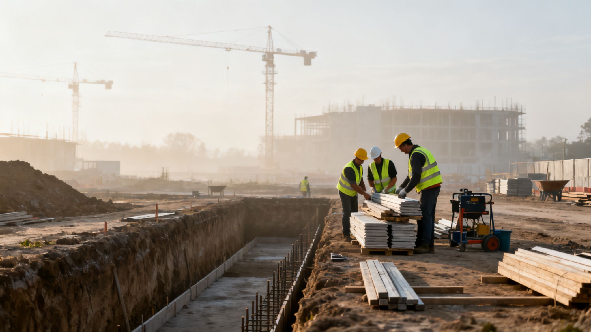 Construction workers in safety gear handling materials on a busy building site with cranes and trenches.