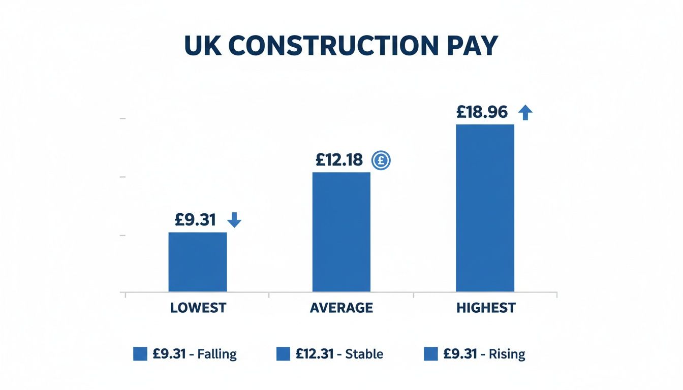 Bar chart detailing UK construction pay: lowest £9.31, average £12.18, highest £18.96.