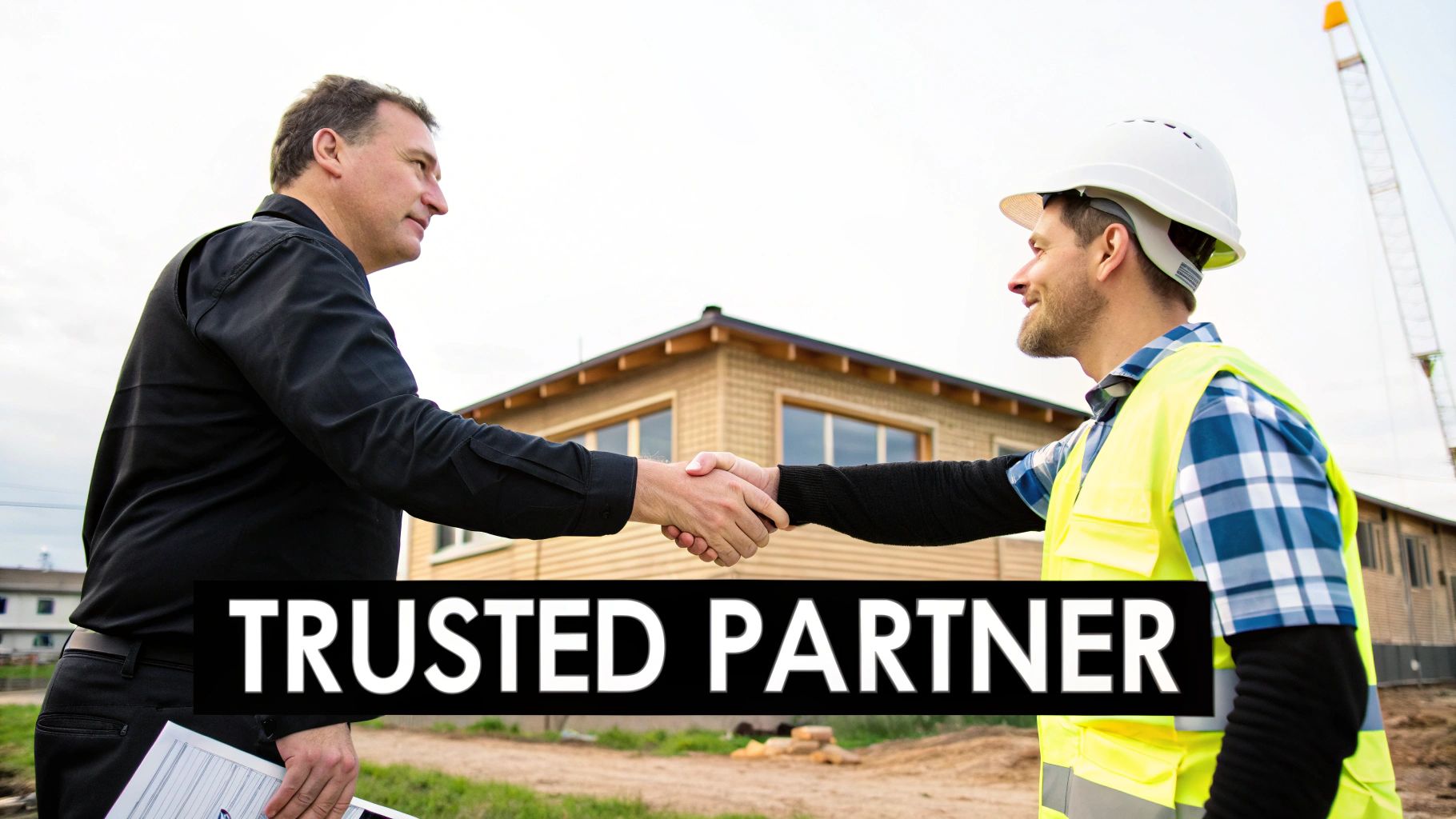 Two construction professionals shaking hands on a project site, symbolising a partnership.