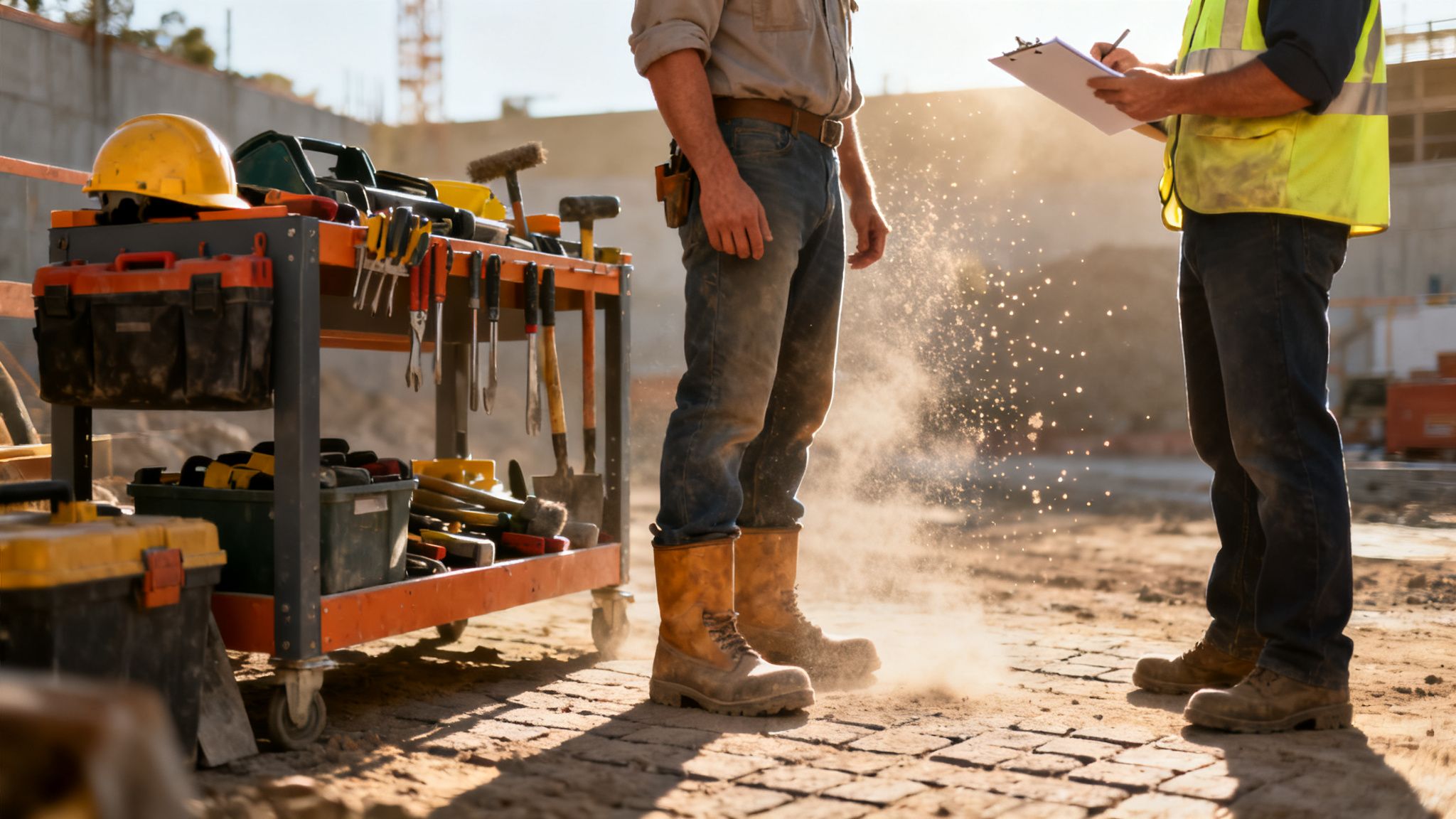 Two construction workers on a dusty job site with a rolling tool cart during golden hour.