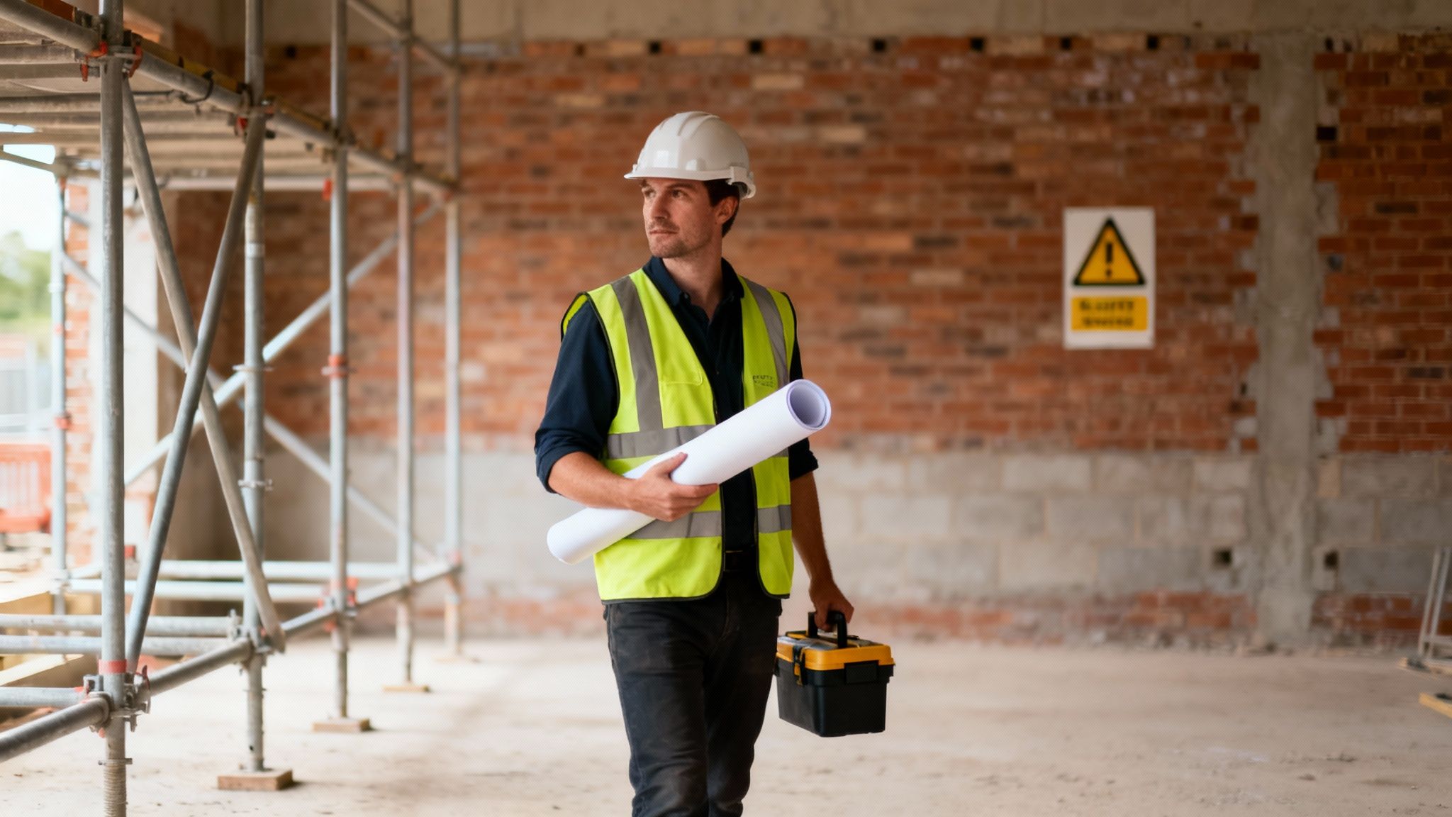 A construction worker in a hard hat and safety vest holds blueprints and a toolbox at a building site.