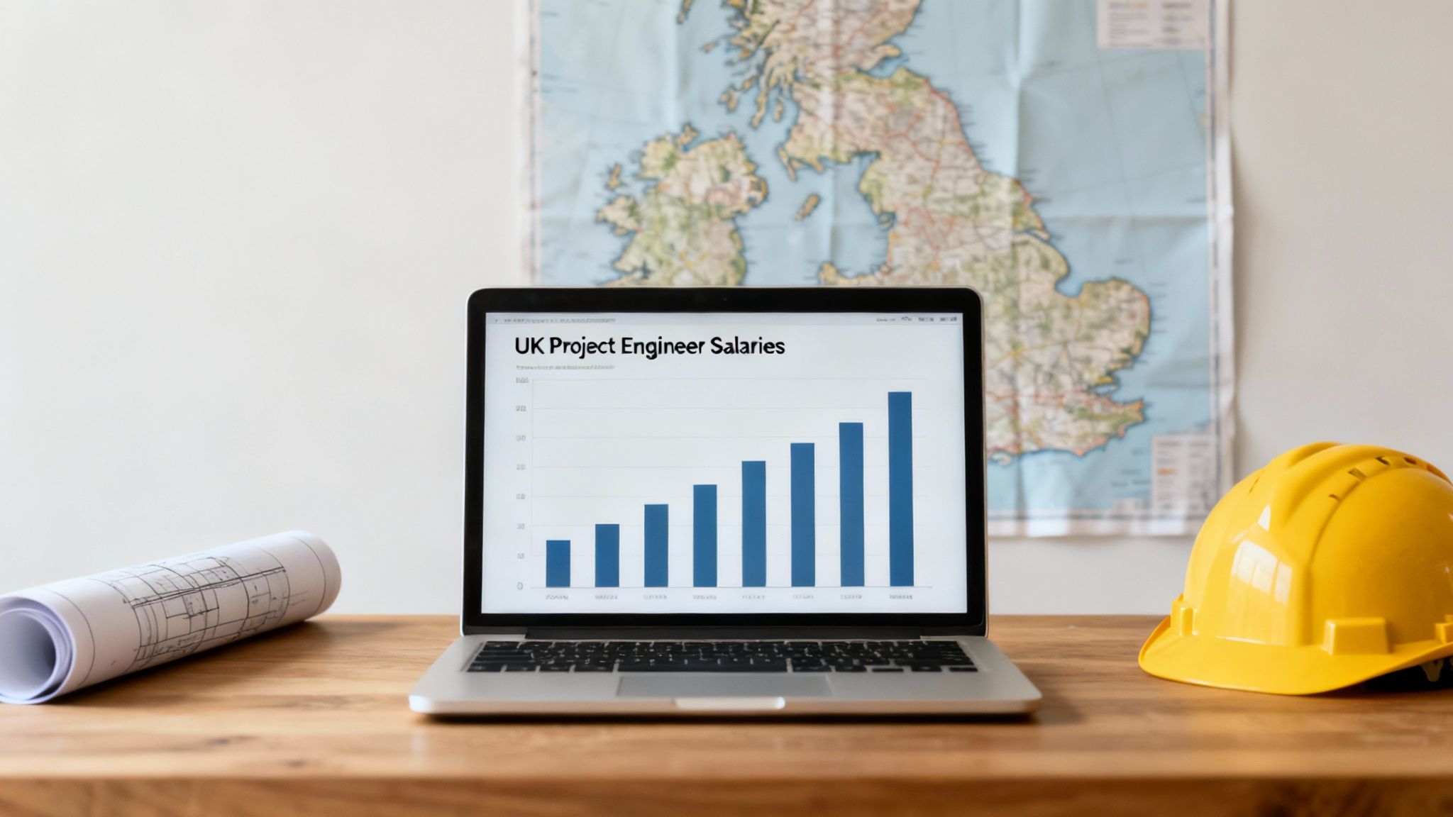 A laptop displays a chart of UK Project Engineer Salaries, with a blueprint, hard hat, and map.