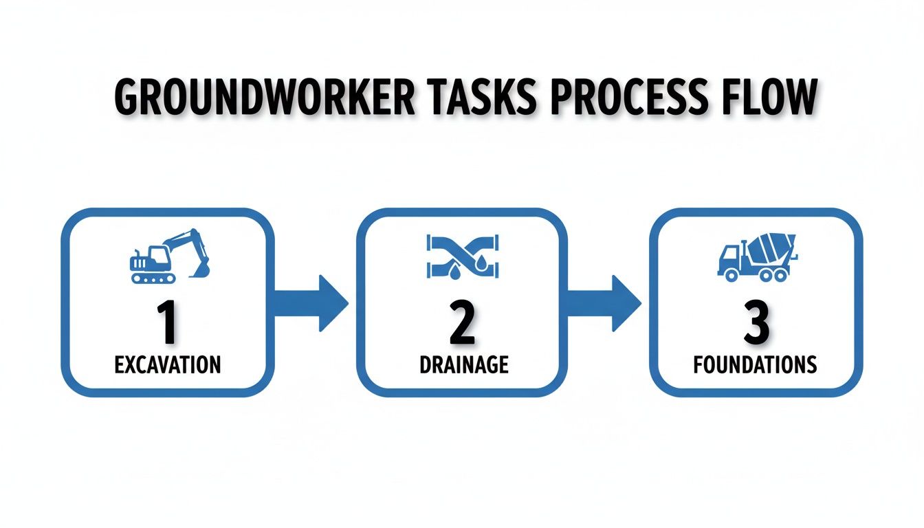 A flowchart detailing the three core groundworker tasks: excavation, drainage, and foundations.