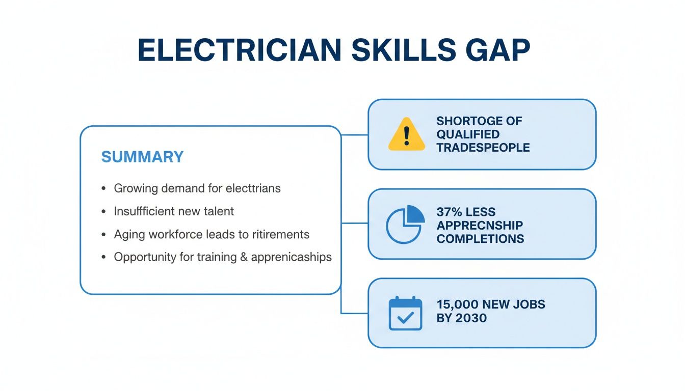 Infographic illustrating the electrician skills gap, highlighting causes like aging workforce and new job opportunities.