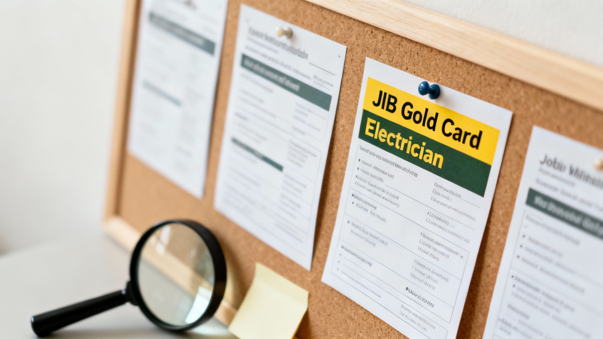 A close-up of a cork board with job descriptions, highlighting a 'JIB Gold Card Electrician' role.