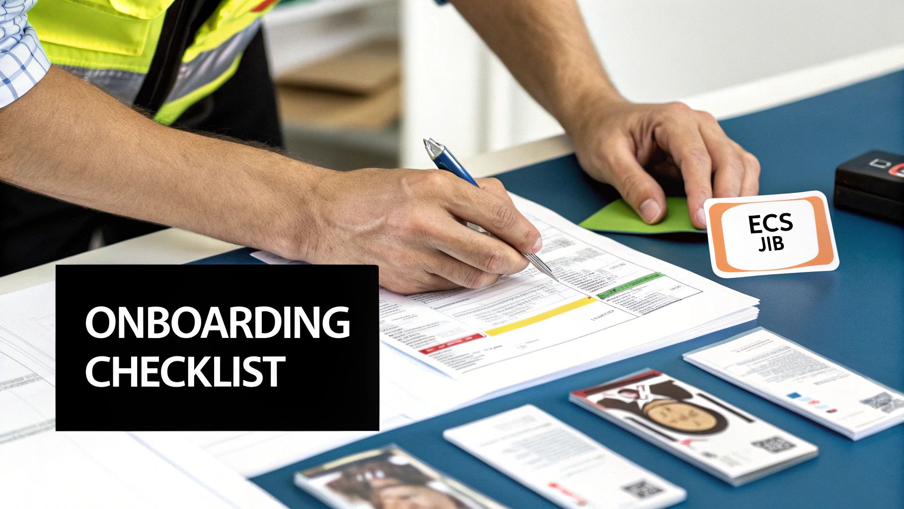 An electrician reviewing paperwork and documents with a recruiter in a modern office setting.