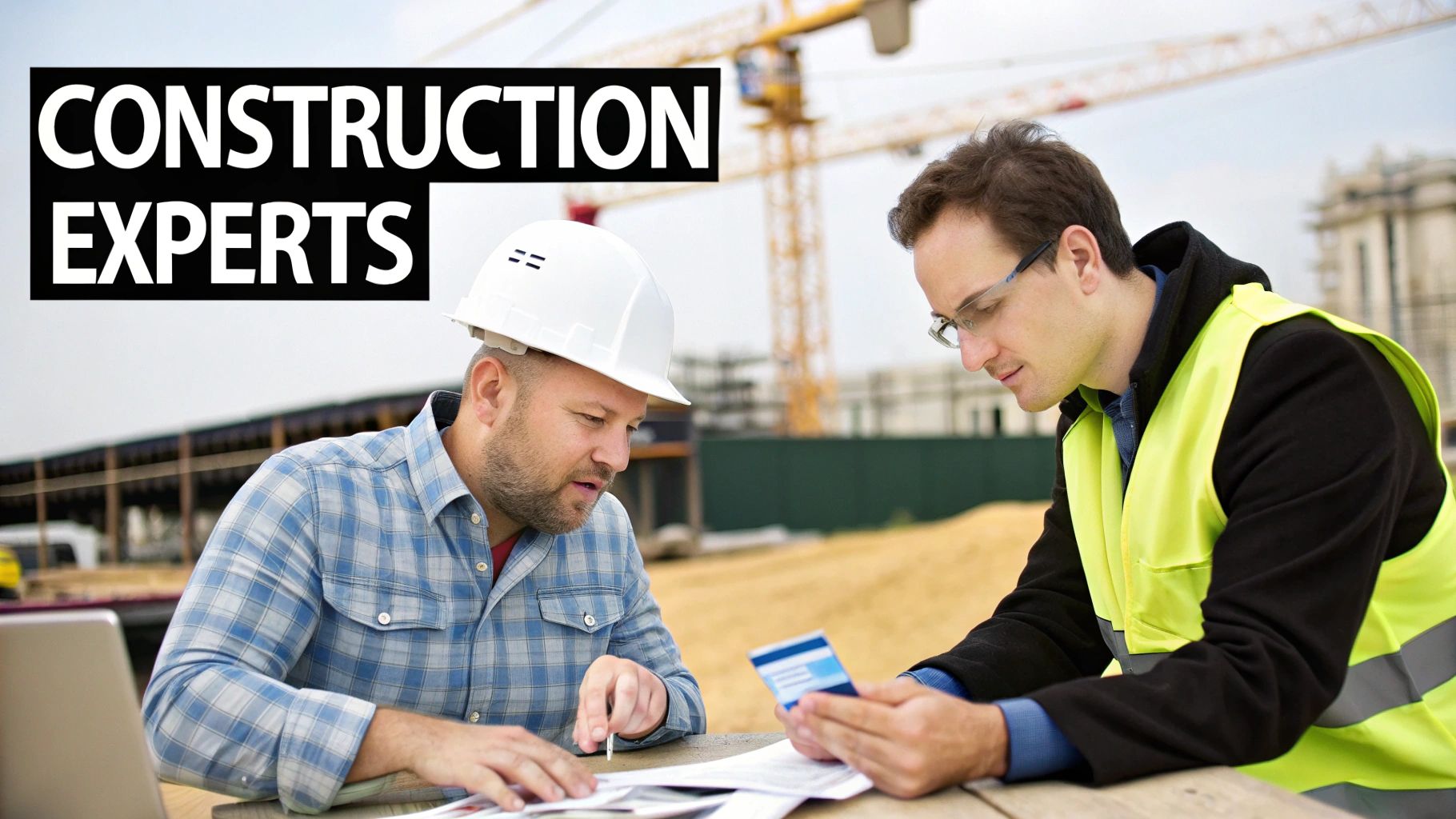 A construction manager reviewing blueprints with a team on site.