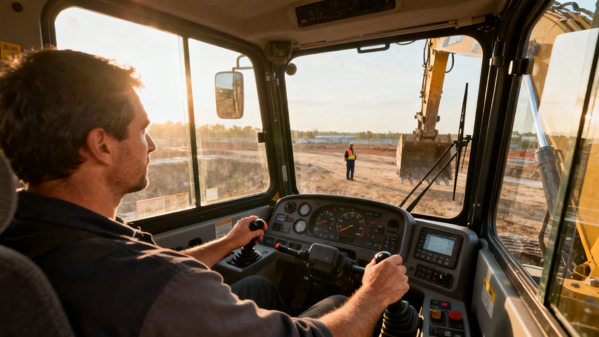 Construction worker operating heavy equipment from inside the cab at a sunny job site.