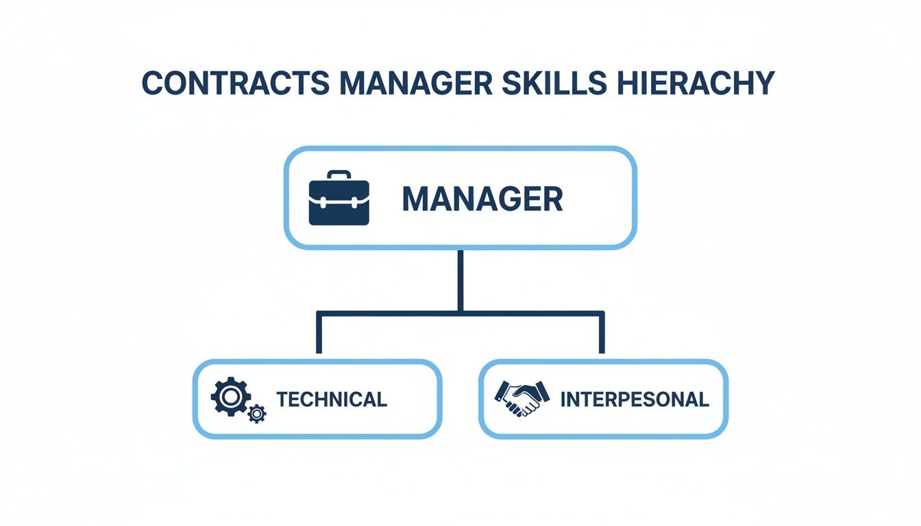 A hierarchical diagram showing Contracts Manager skills, branching into essential Technical and Interpersonal categories.