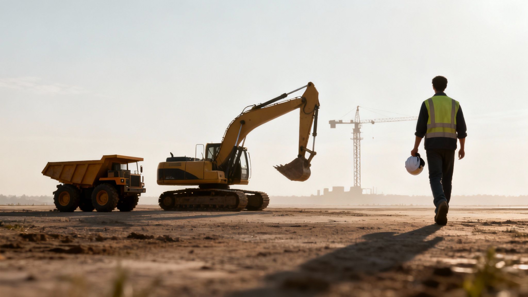 A construction worker walks away from heavy machinery at a dusty construction site with a crane.