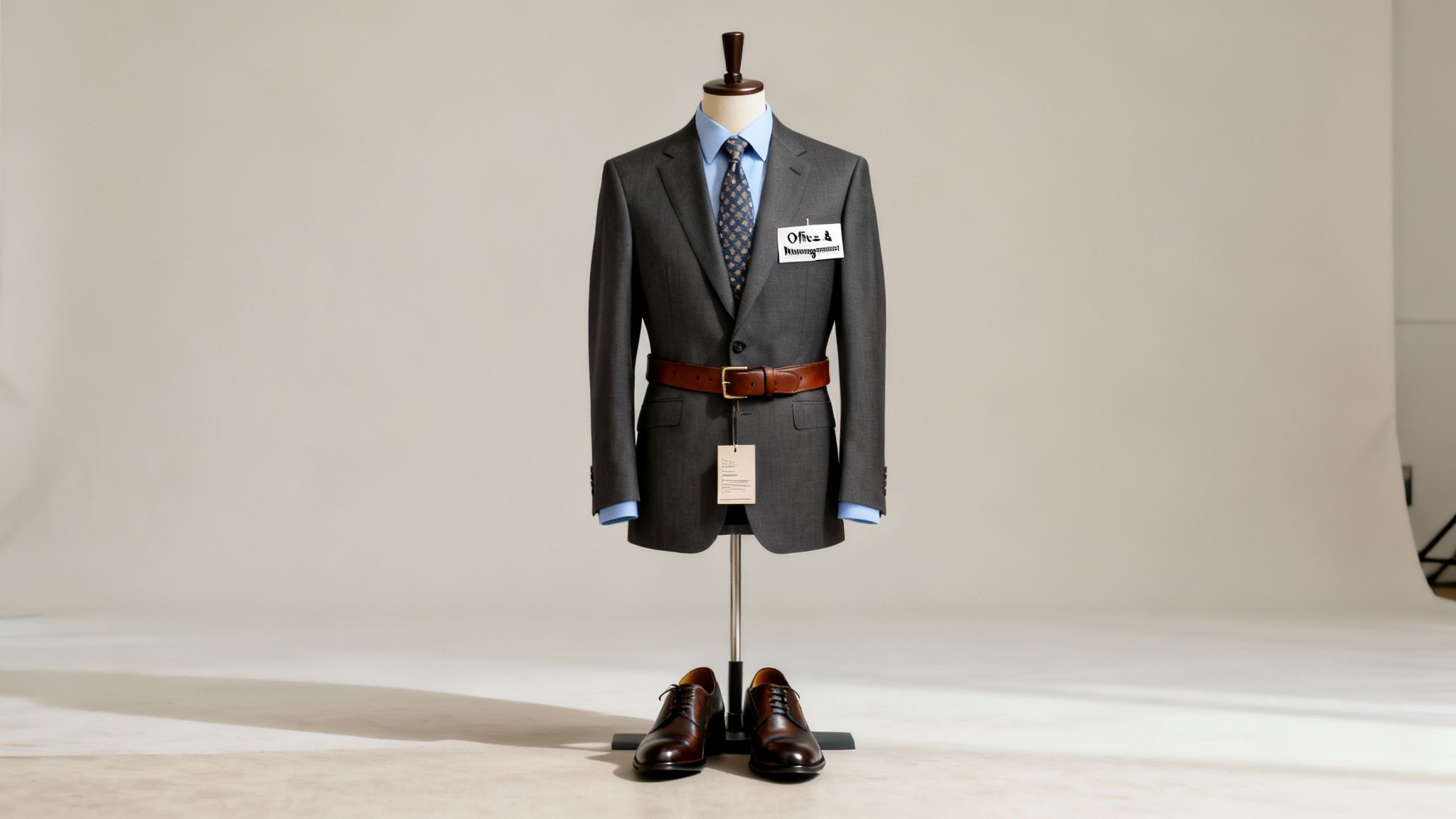 Mannequin displaying a complete professional men's grey suit with a blue shirt, tie, belt, and brown shoes.