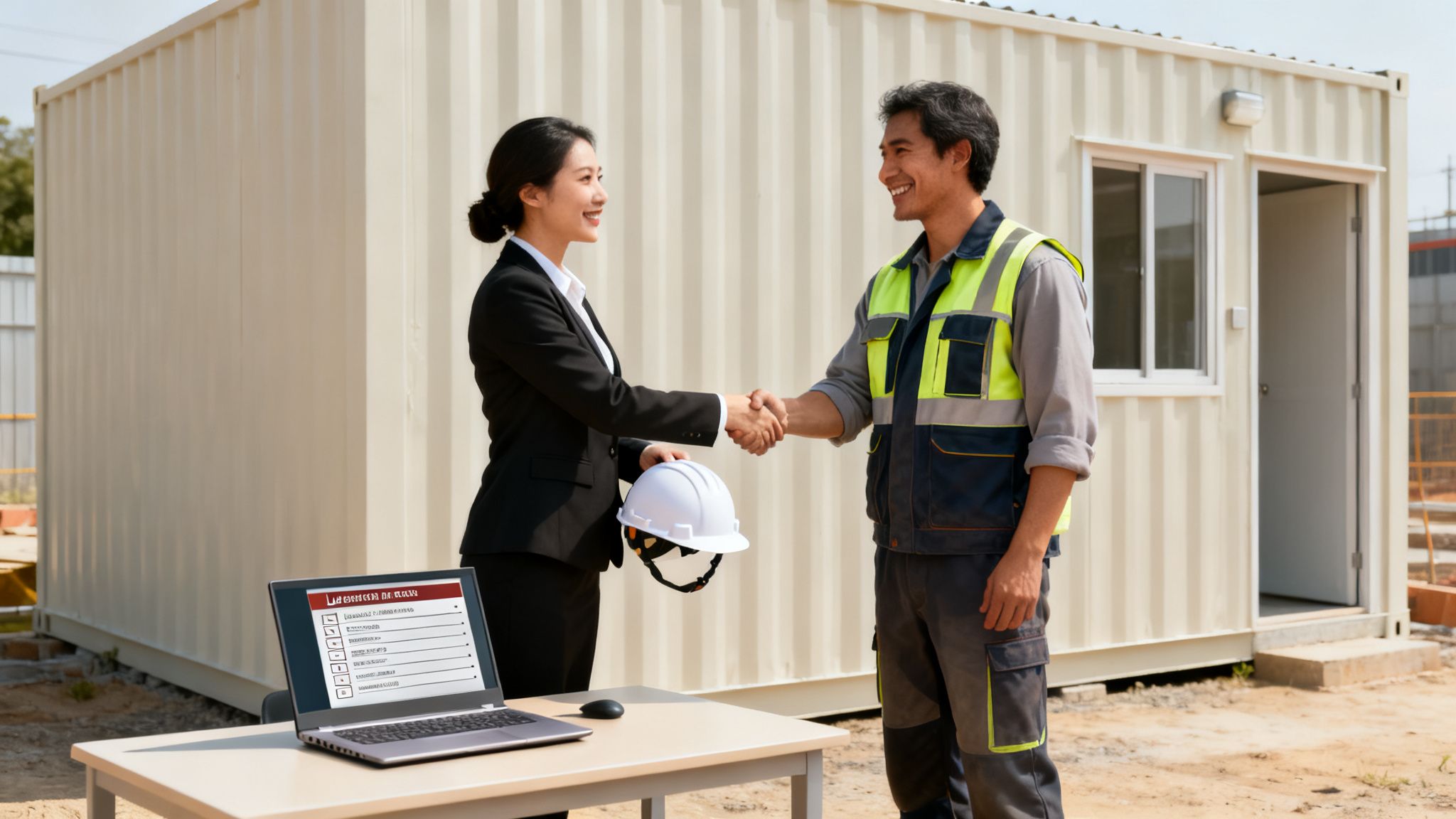 A businesswoman and a construction worker shake hands, smiling, in front of a portable office building.