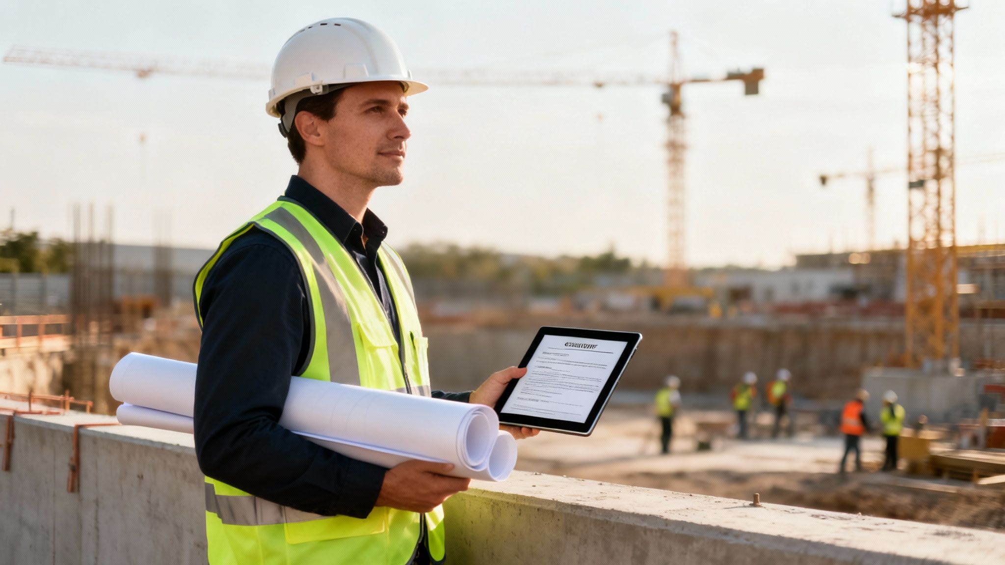 A male engineer in a hard hat and safety vest reviews plans on a tablet at a construction site.