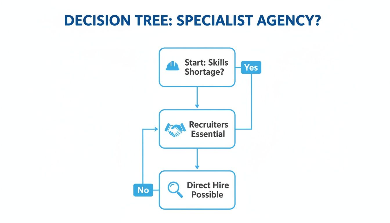 Decision tree flowchart illustrating recruitment process, skills shortages, recruiter necessity, and direct hiring.