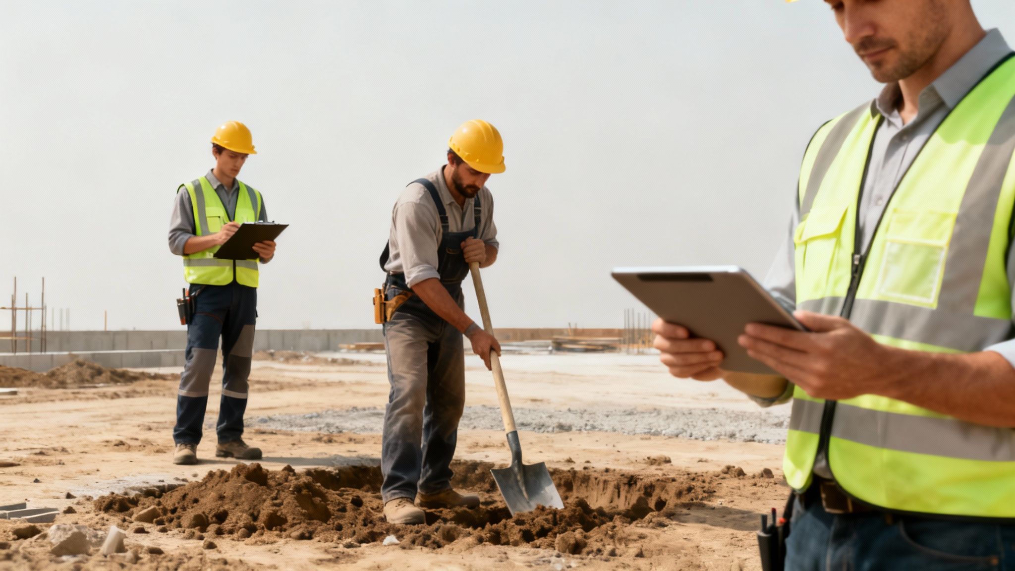 Construction workers in hard hats and safety vests digging and checking plans at a job site.