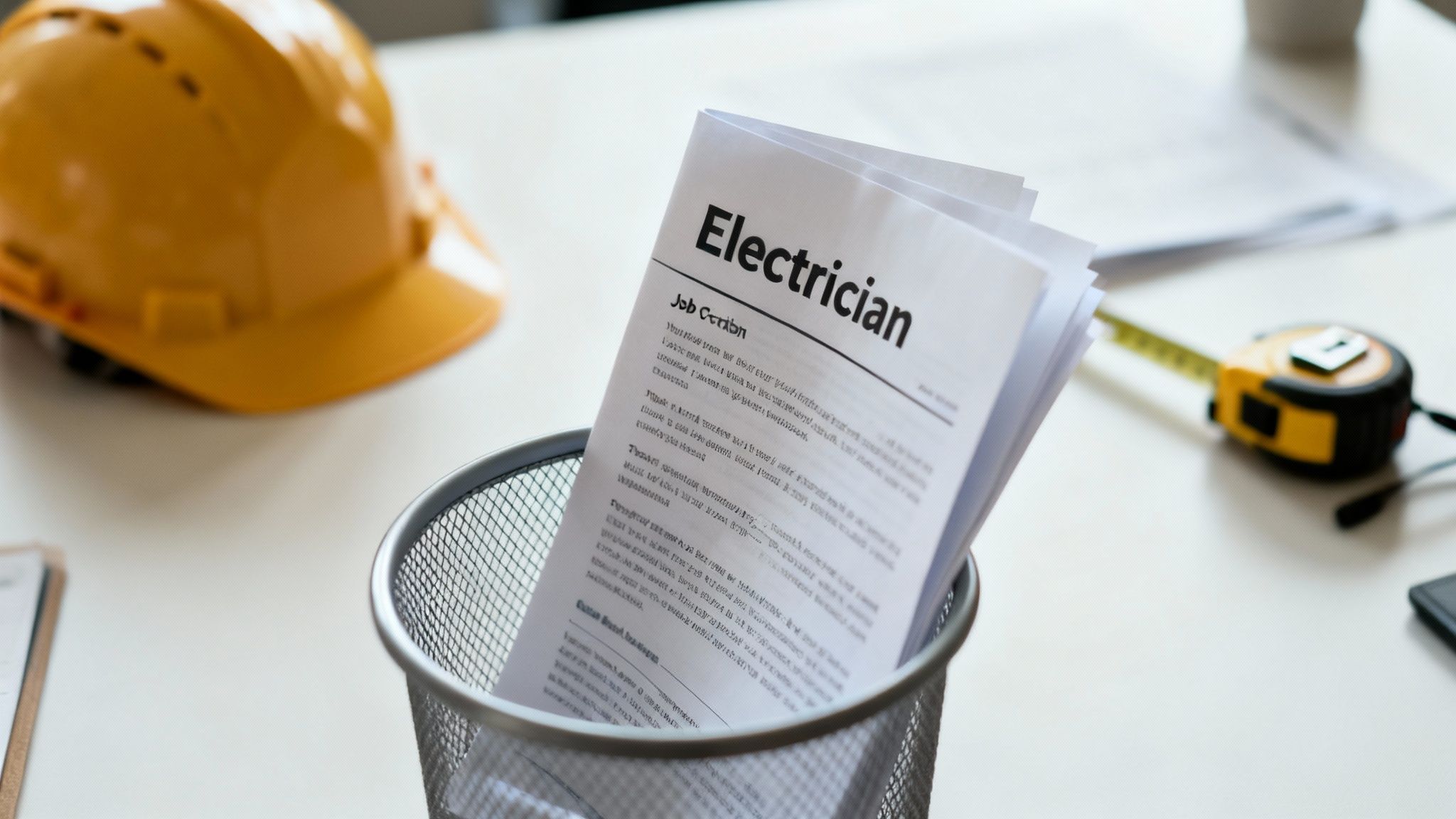 A close-up of an 'Electrician' job description in a mesh bin, with a hard hat and measuring tape on a desk.