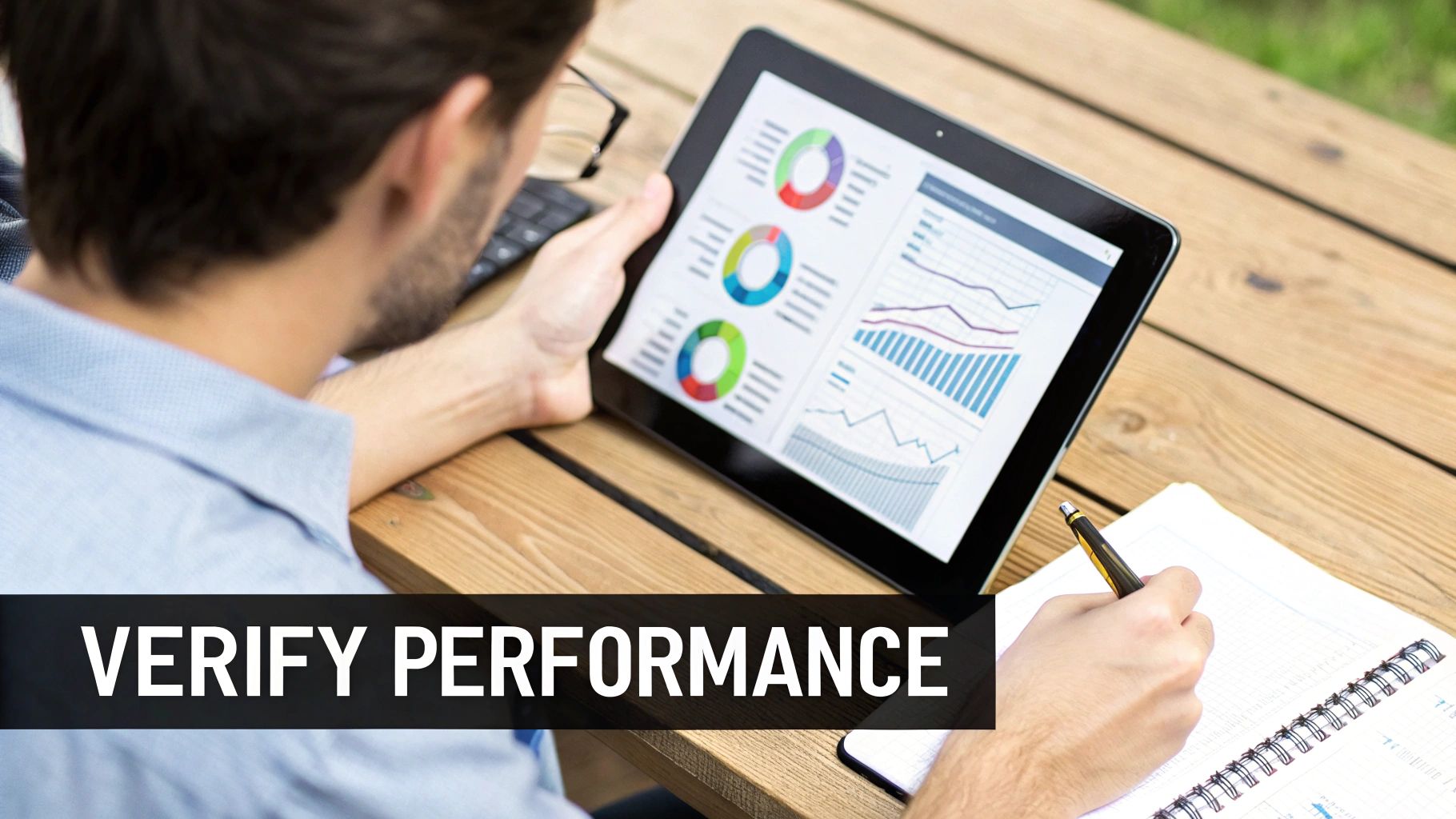 A marketing professional analyzing performance data on a tablet with charts, part of the process to choose a digital marketing agency.