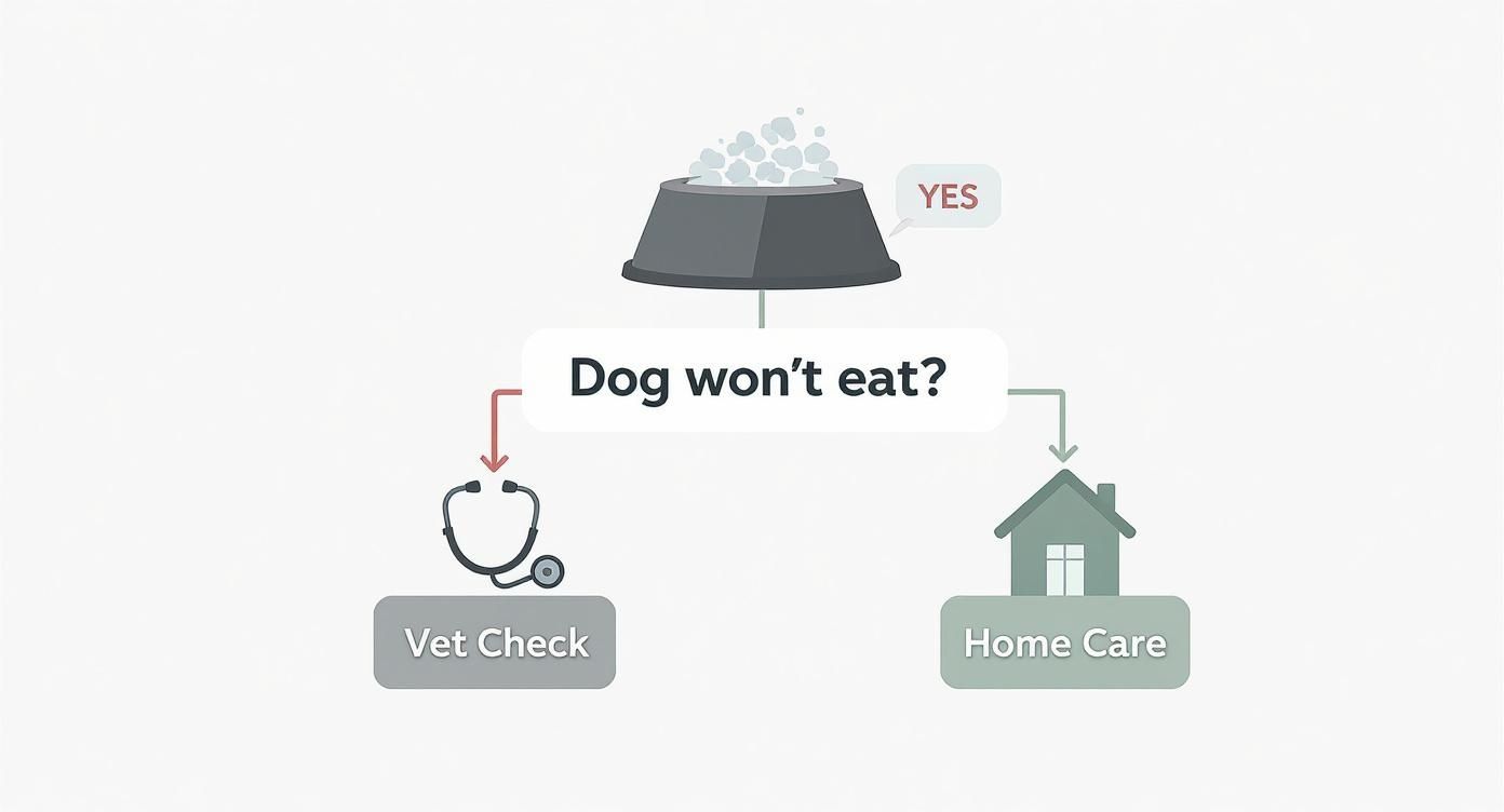 Infographic decision tree asking if a dog won't eat, with branches leading to 'Vet Check' or 'Home Care'.