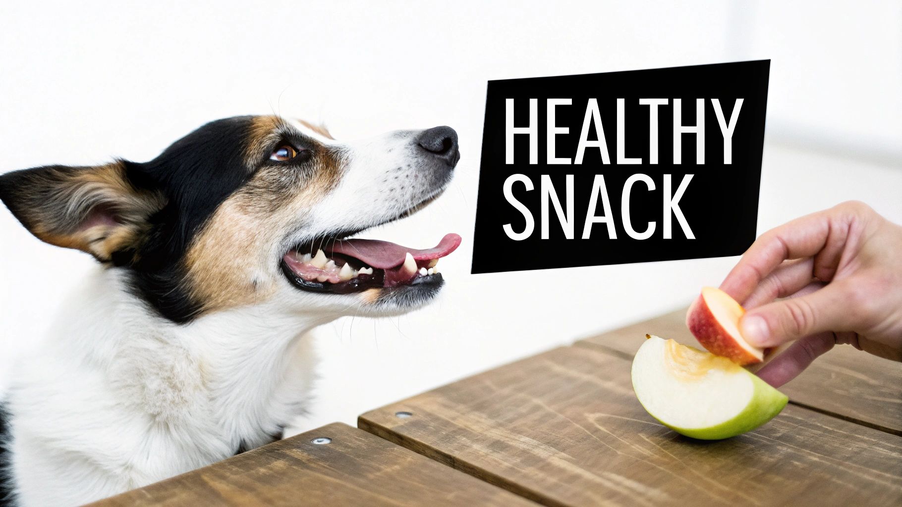A happy dog eagerly watches a hand offering a healthy apple snack on a wooden table.