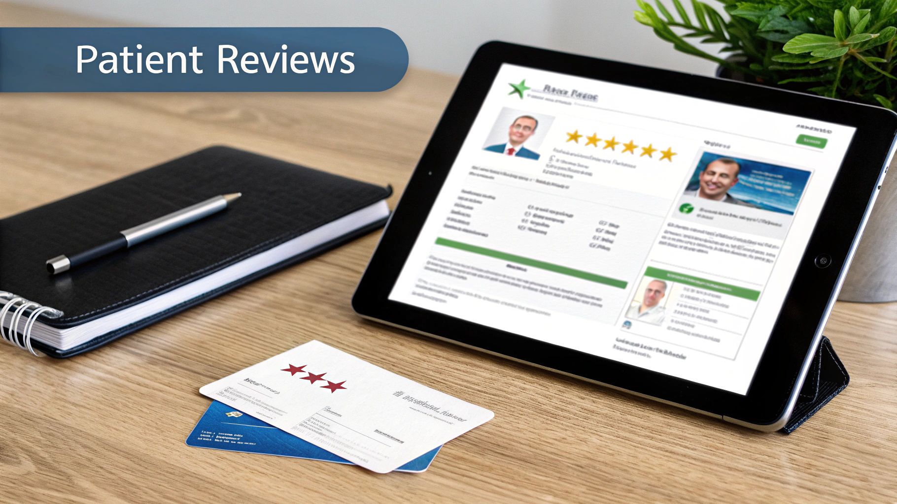 A desk with a tablet showing patient reviews for a local chiropractic clinic.