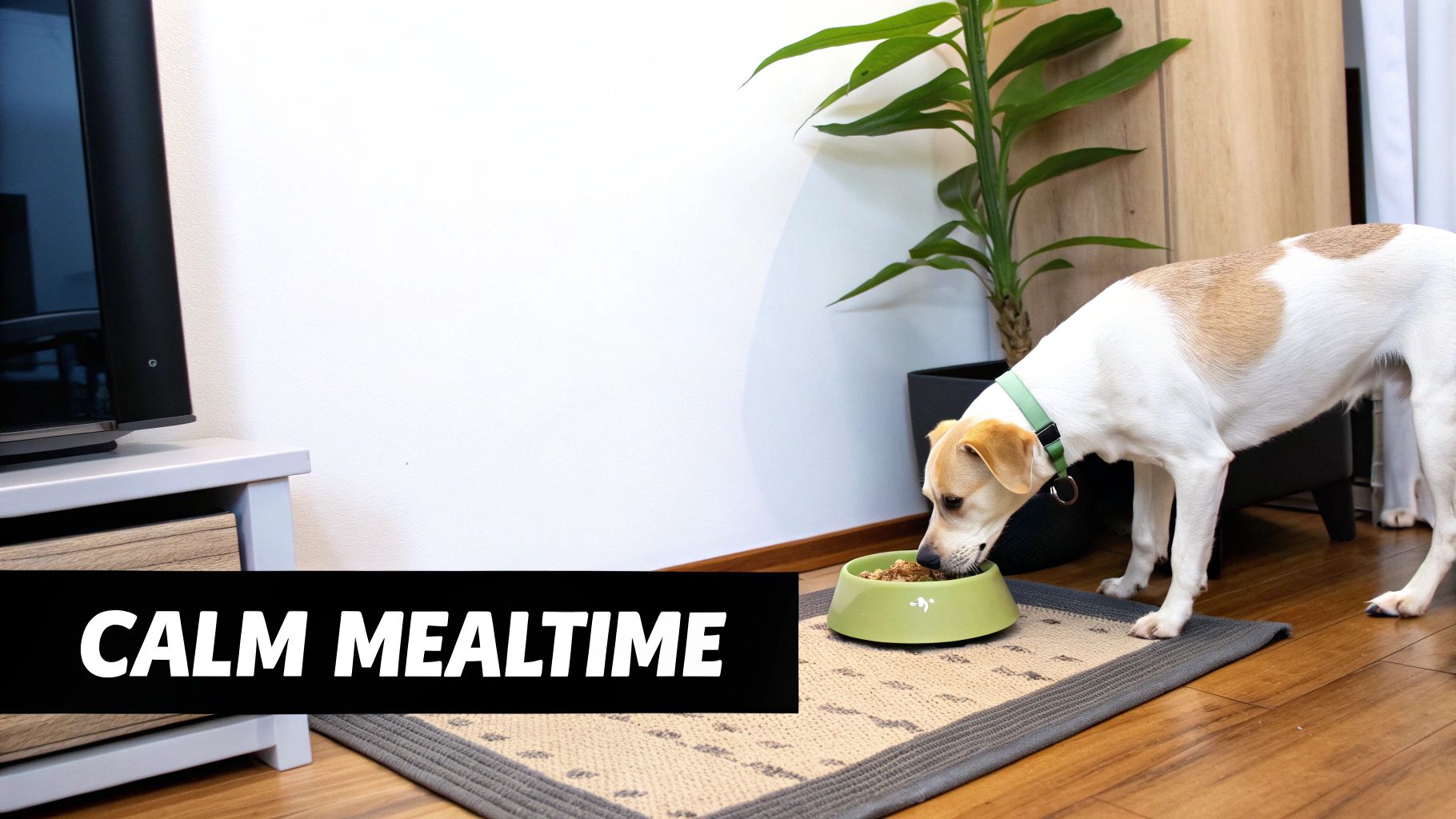 A happy dog sitting patiently by its food bowl in a quiet corner of a kitchen.