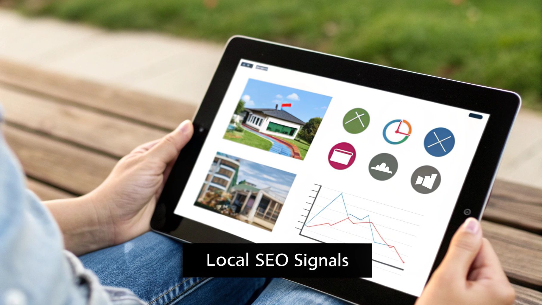 A person holds a tablet displaying local SEO signals for hyperlocal content, including images of houses, a graph, and various icons.