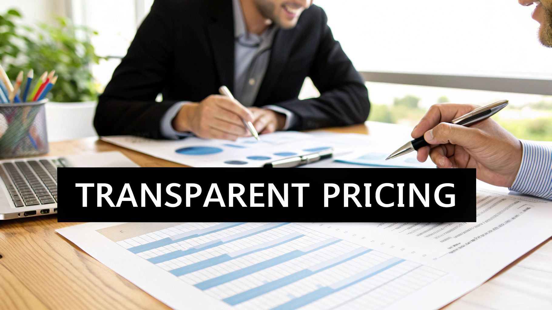 Two business professionals review documents, showing the importance of how to choose an SEO agency with transparent pricing.