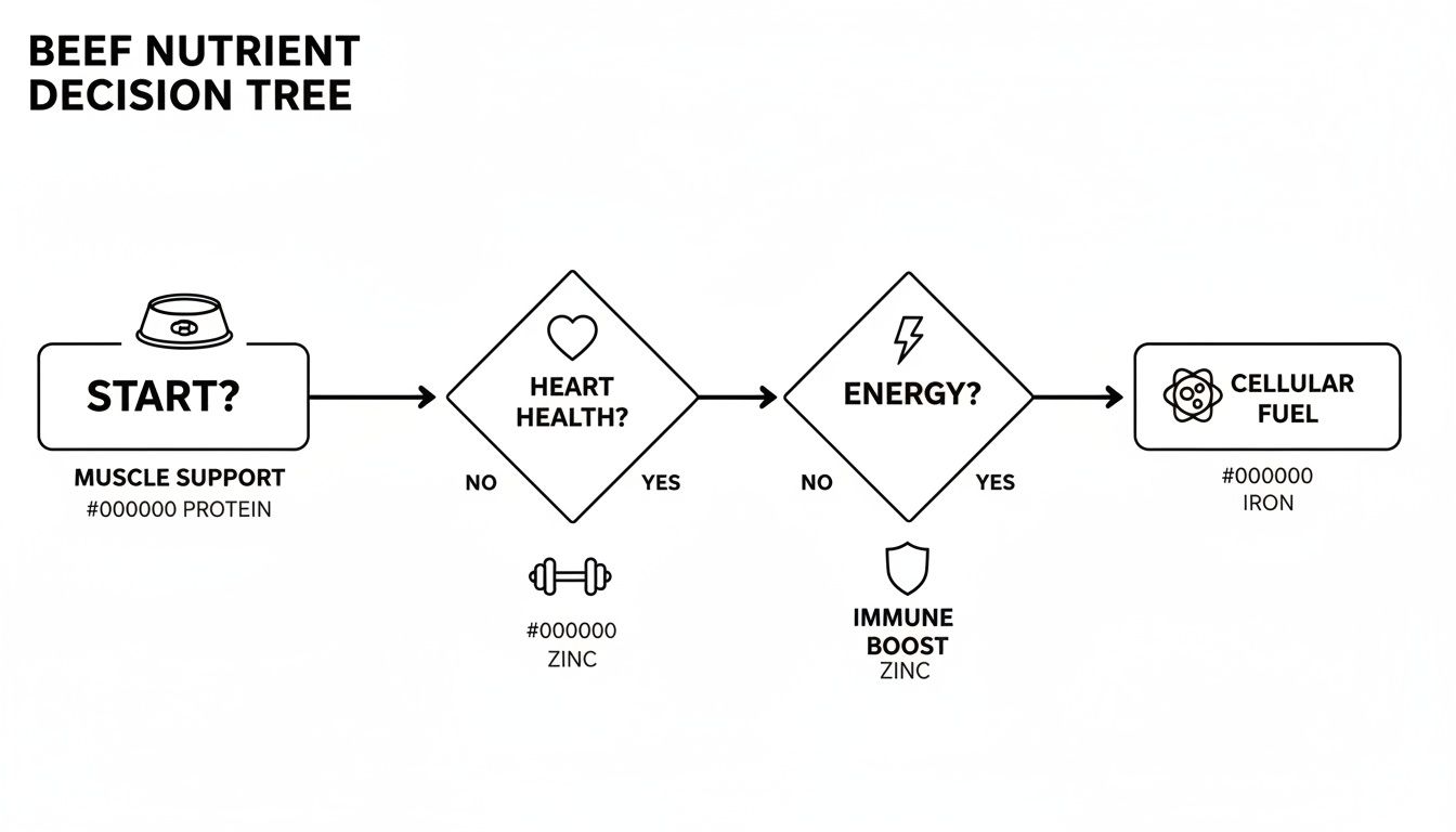 A beef nutrient decision tree flowchart showing paths for muscle support, heart health, energy, and cellular fuel.