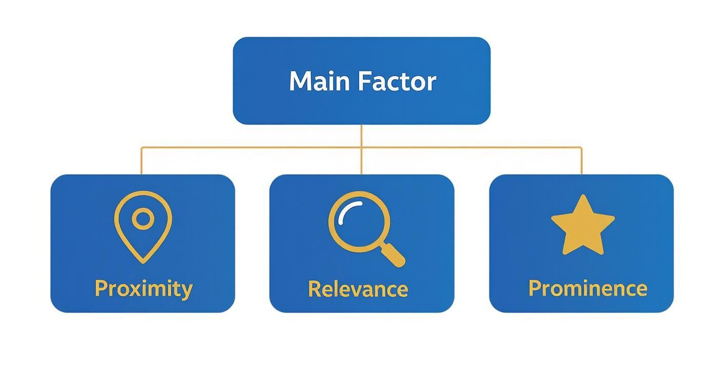 Infographic showing the hierarchy of local search ranking factors, with Proximity, Relevance, and Prominence as the three core pillars.