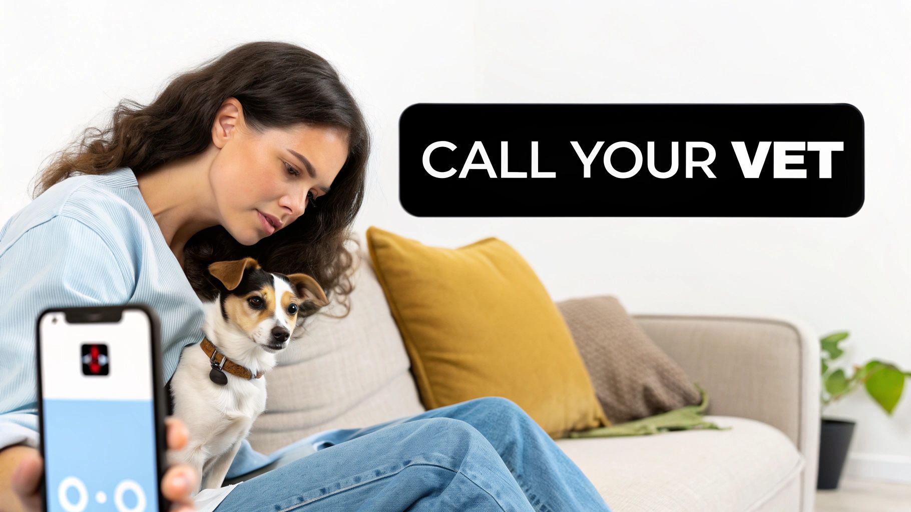 A woman and her small dog sit on a couch while she holds a phone, with "CALL YOUR VET" text.